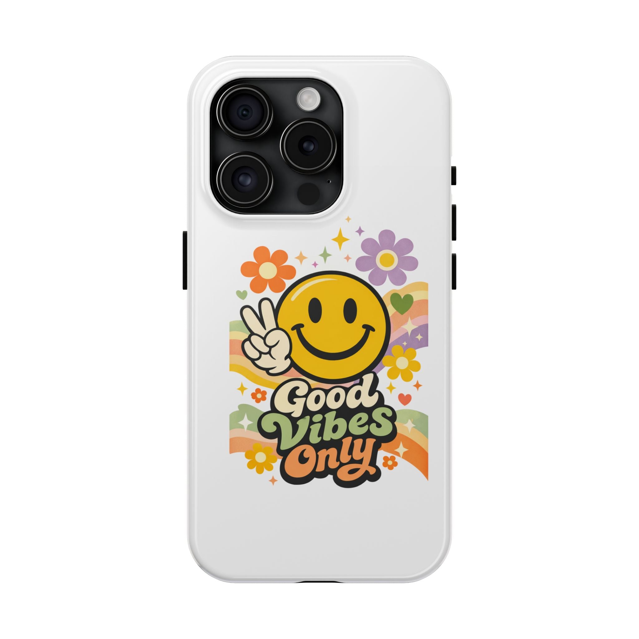 Good Vibes Only smiley peace sign Phone Case | retro flower rainbow design
