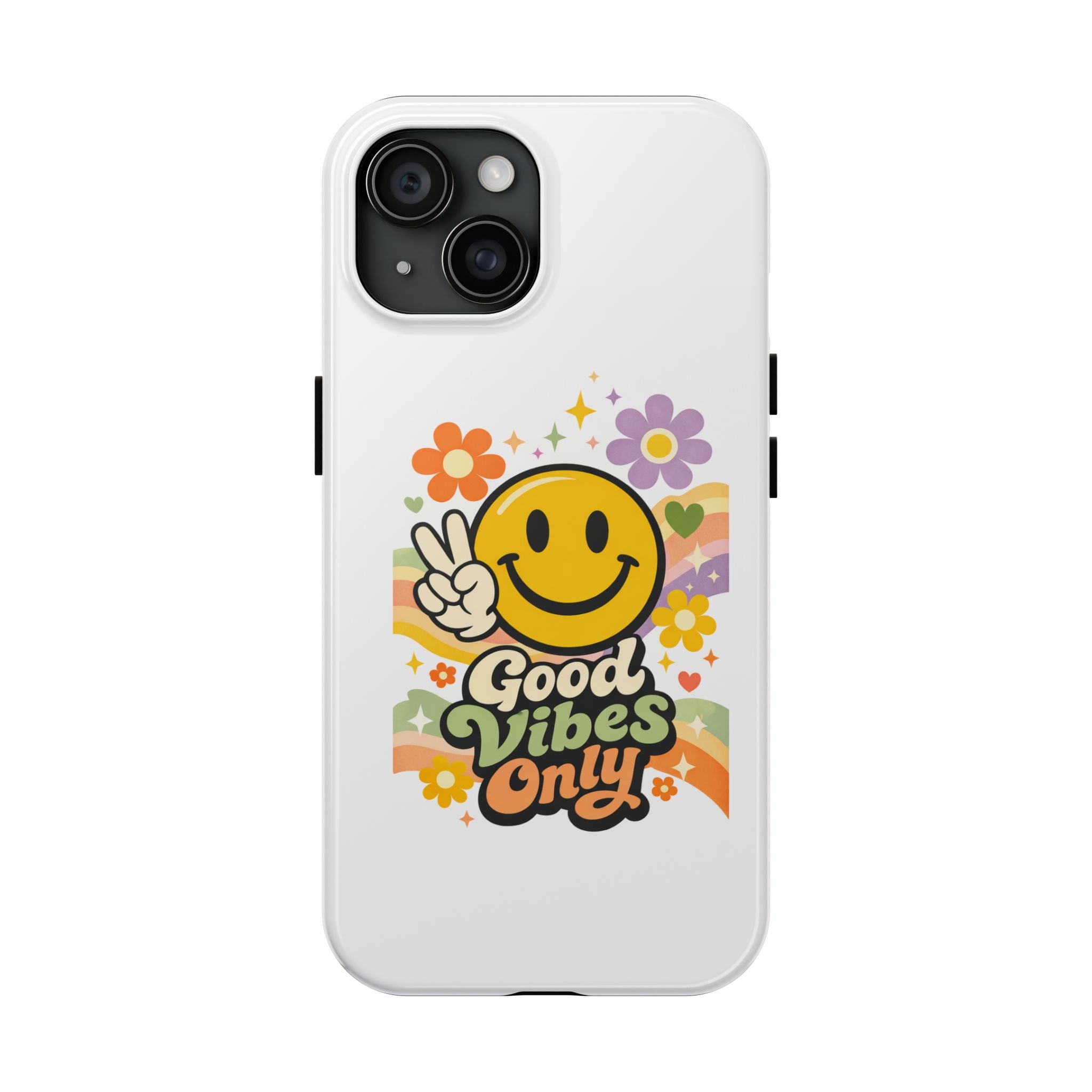 Good Vibes Only smiley peace sign Phone Case | retro flower rainbow design