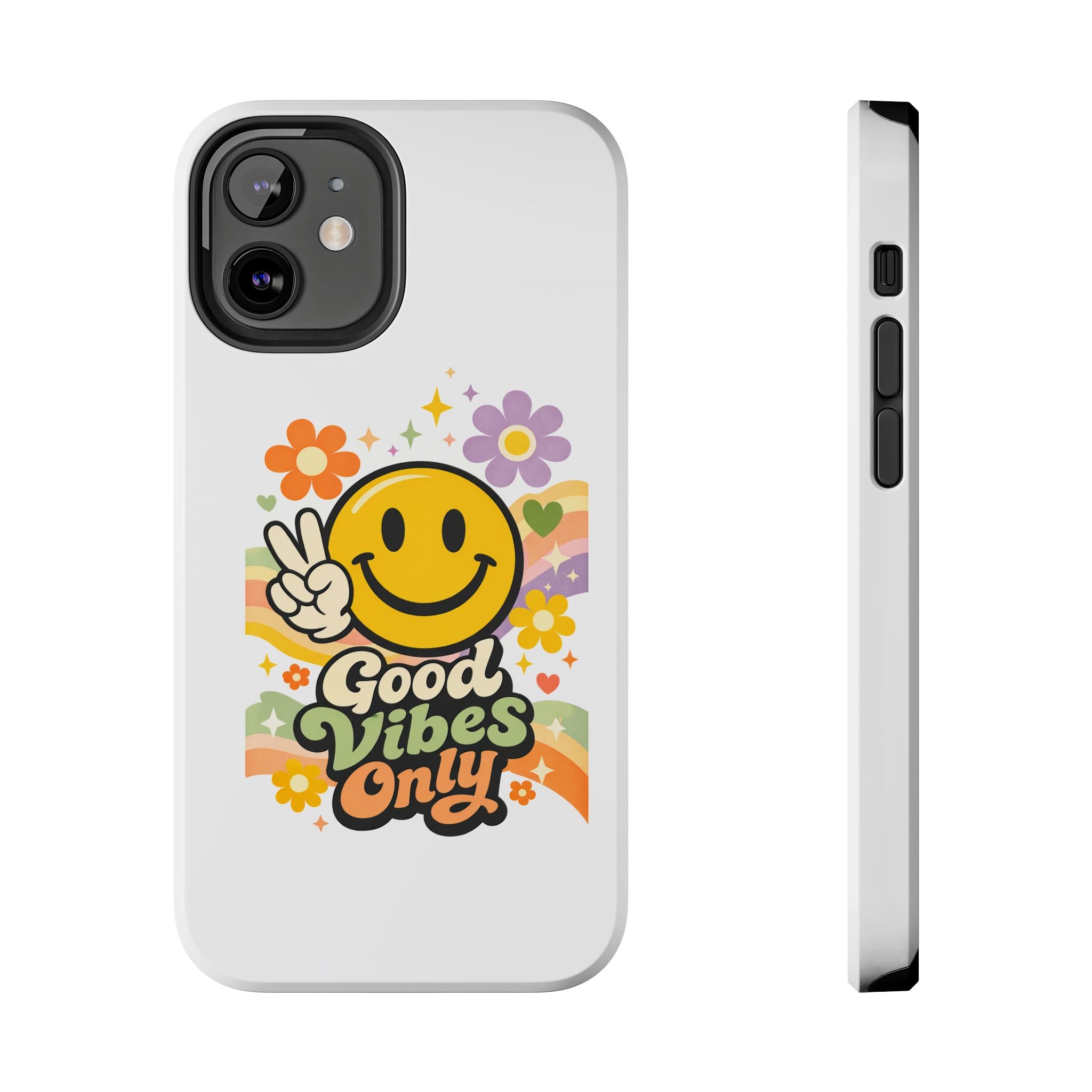 Good Vibes Only smiley peace sign Phone Case | retro flower rainbow design