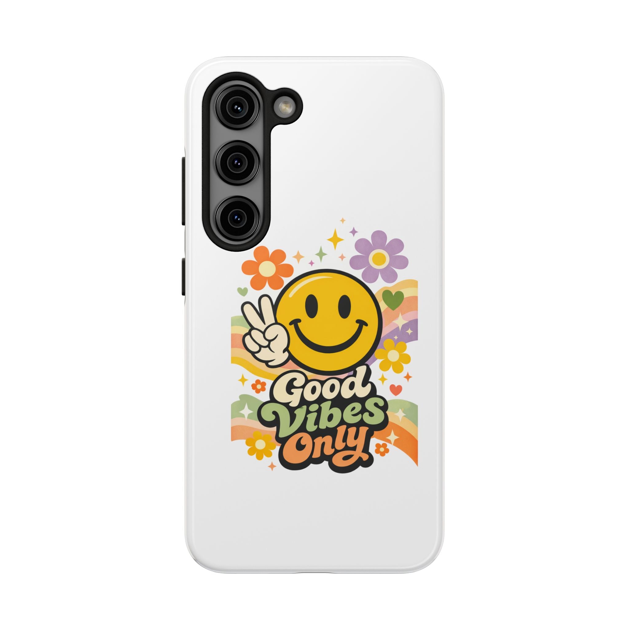 Good Vibes Only smiley peace sign Phone Case | retro flower rainbow design