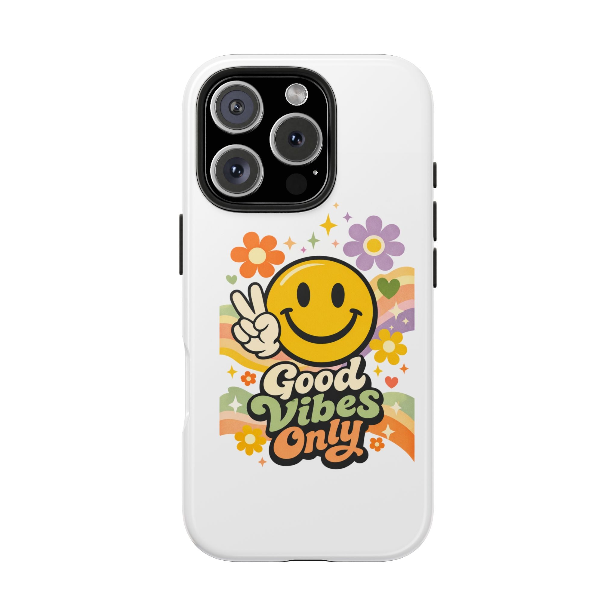 Good Vibes Only smiley peace sign Phone Case | retro flower rainbow design