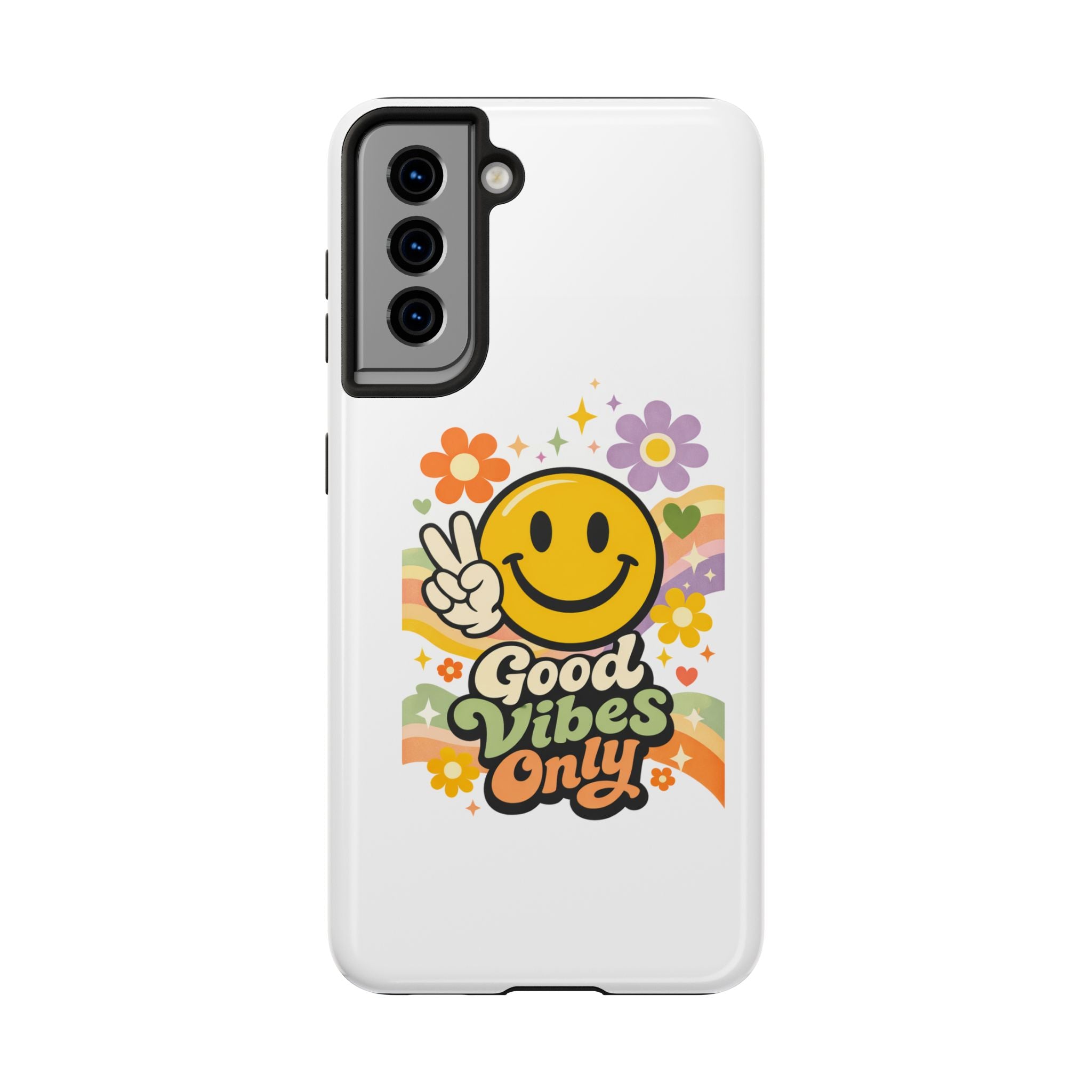 Good Vibes Only smiley peace sign Phone Case | retro flower rainbow design