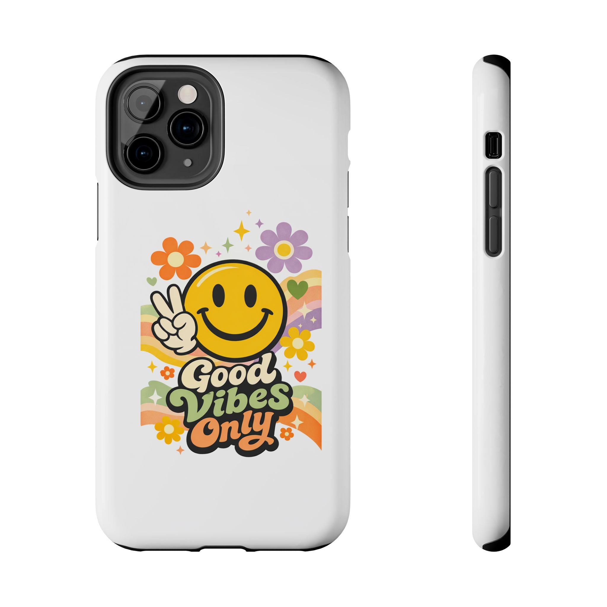 Good Vibes Only smiley peace sign Phone Case | retro flower rainbow design
