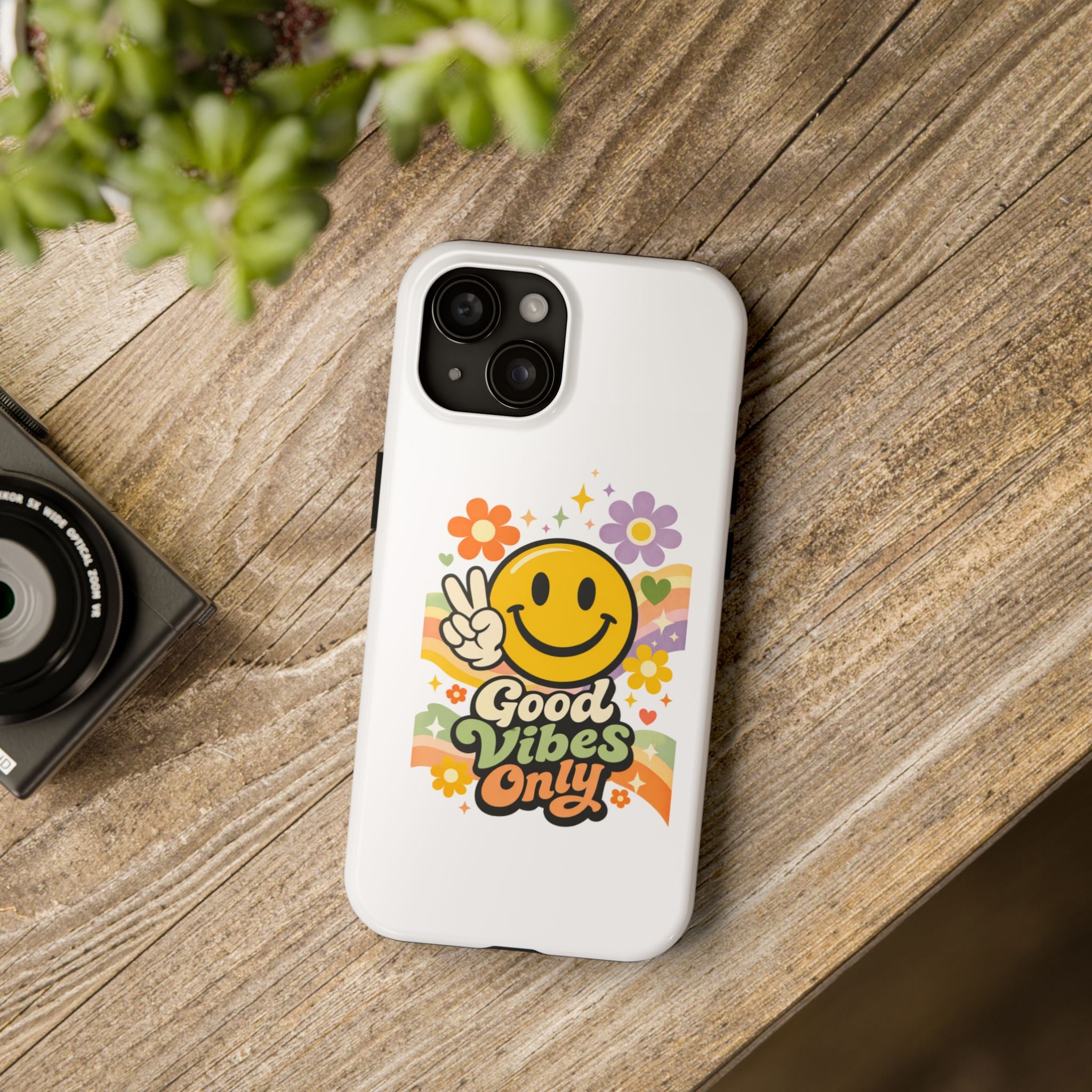 Good Vibes Only smiley peace sign Phone Case | retro flower rainbow design