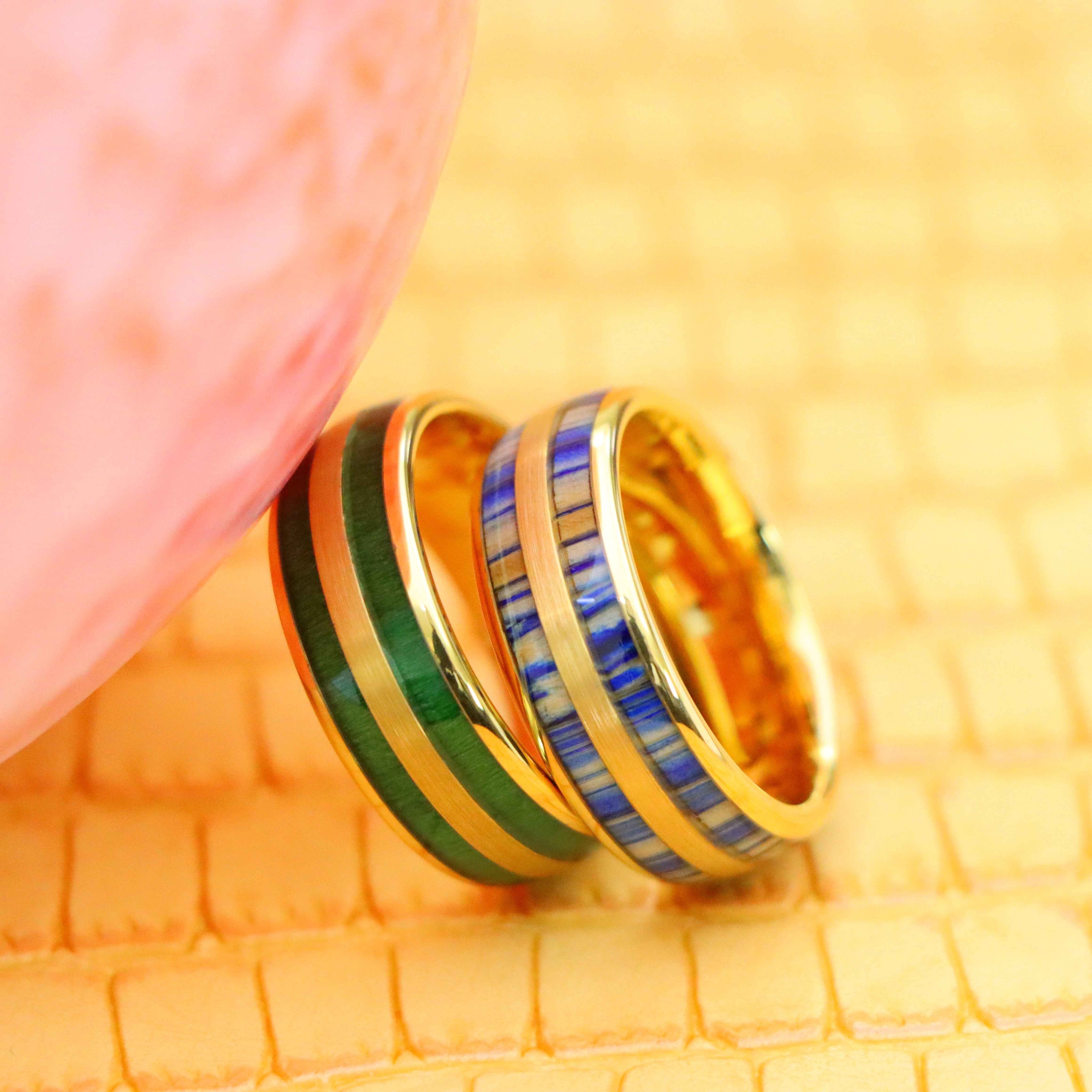 8mm Yellow Gold IP & Indigo Blue Dyed Bamboo Inlay / Jade Wood Inlay Tungsten Ring - Labhu USA