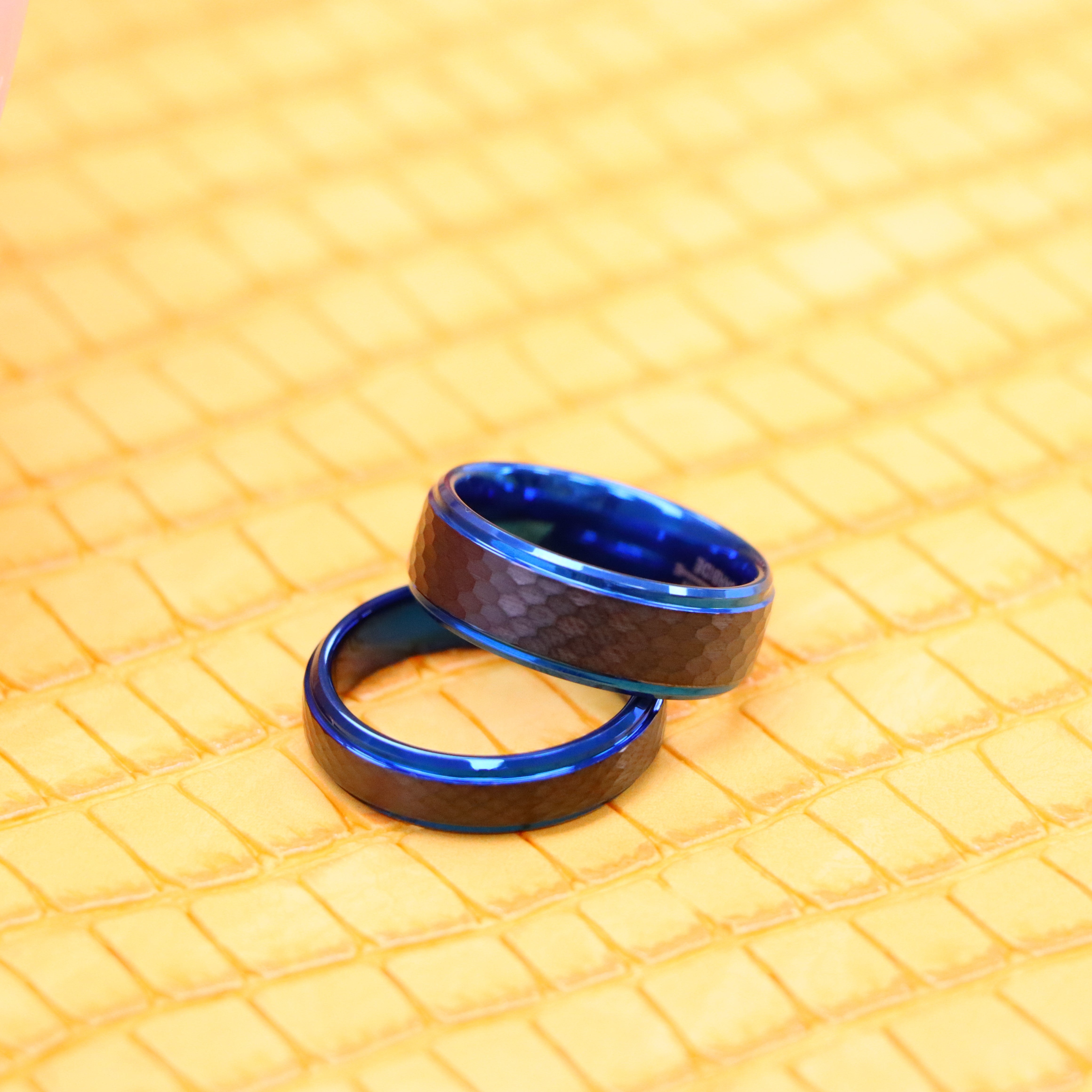 Black IP Hammered Center with Blue IP Stepped Edge Tungsten Ring - Labhu USA