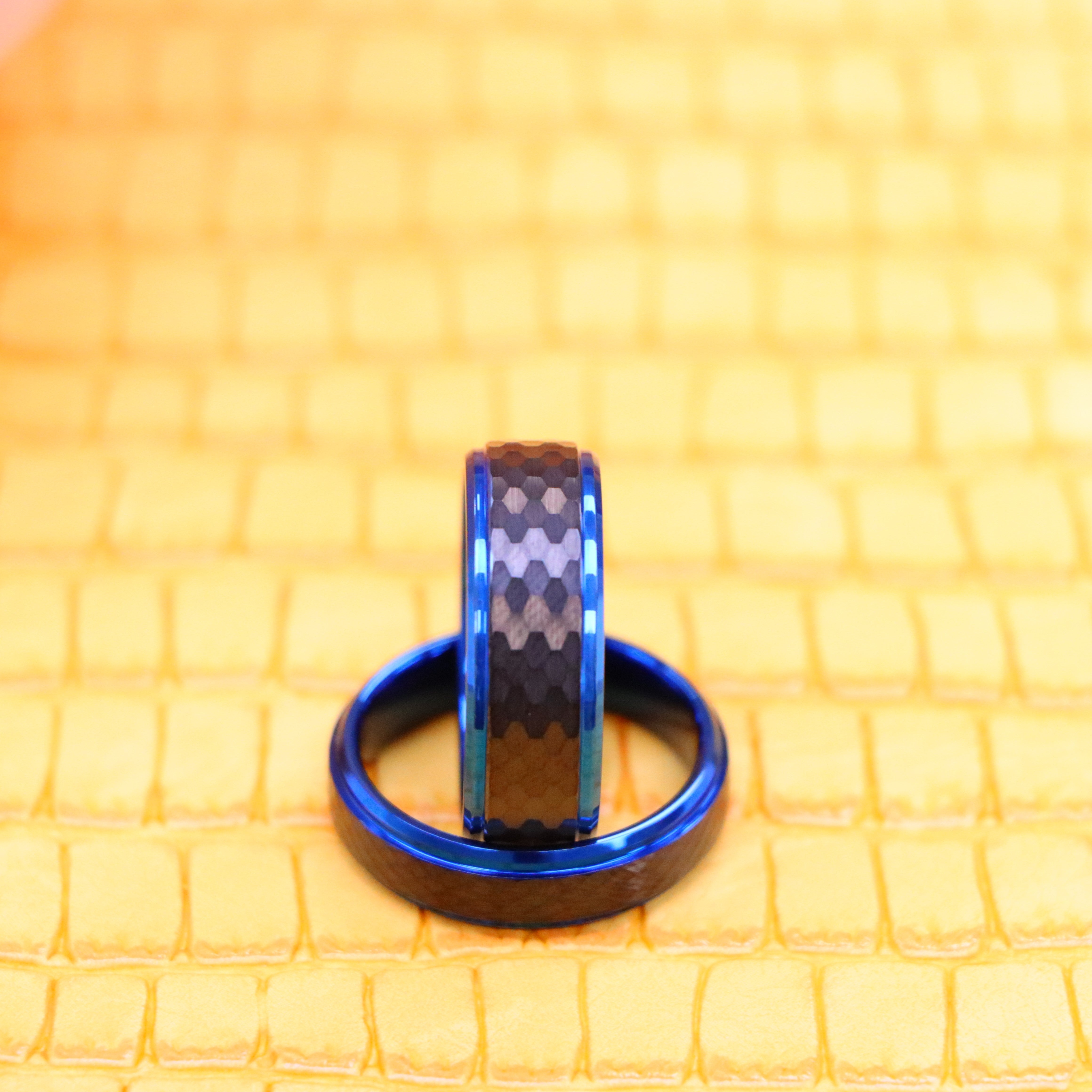 Black IP Hammered Center with Blue IP Stepped Edge Tungsten Ring - Labhu USA