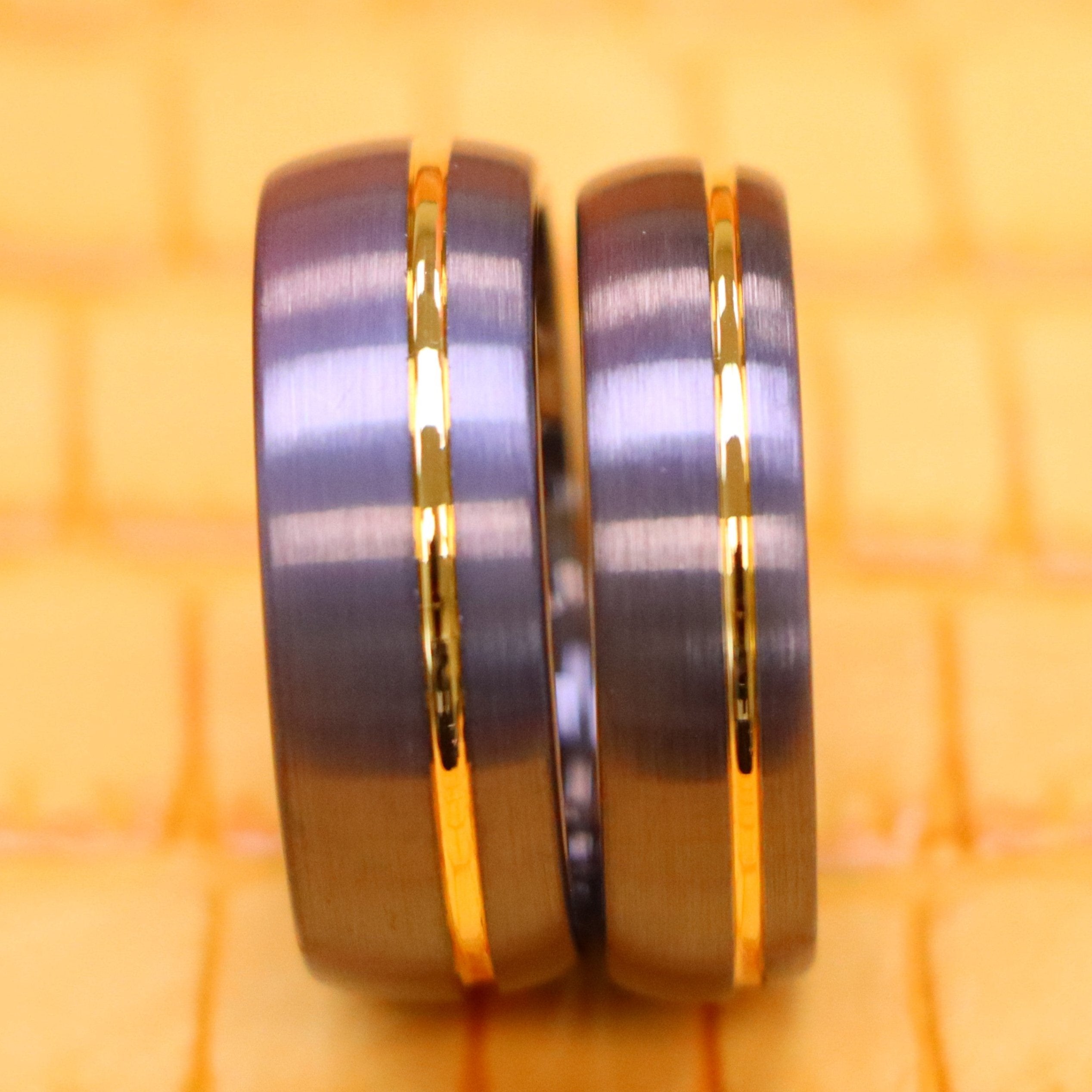 Gun Metal IP Plated Brushed Domed with Off Center Yellow IP Strip Tungsten Ring - Labhu USA