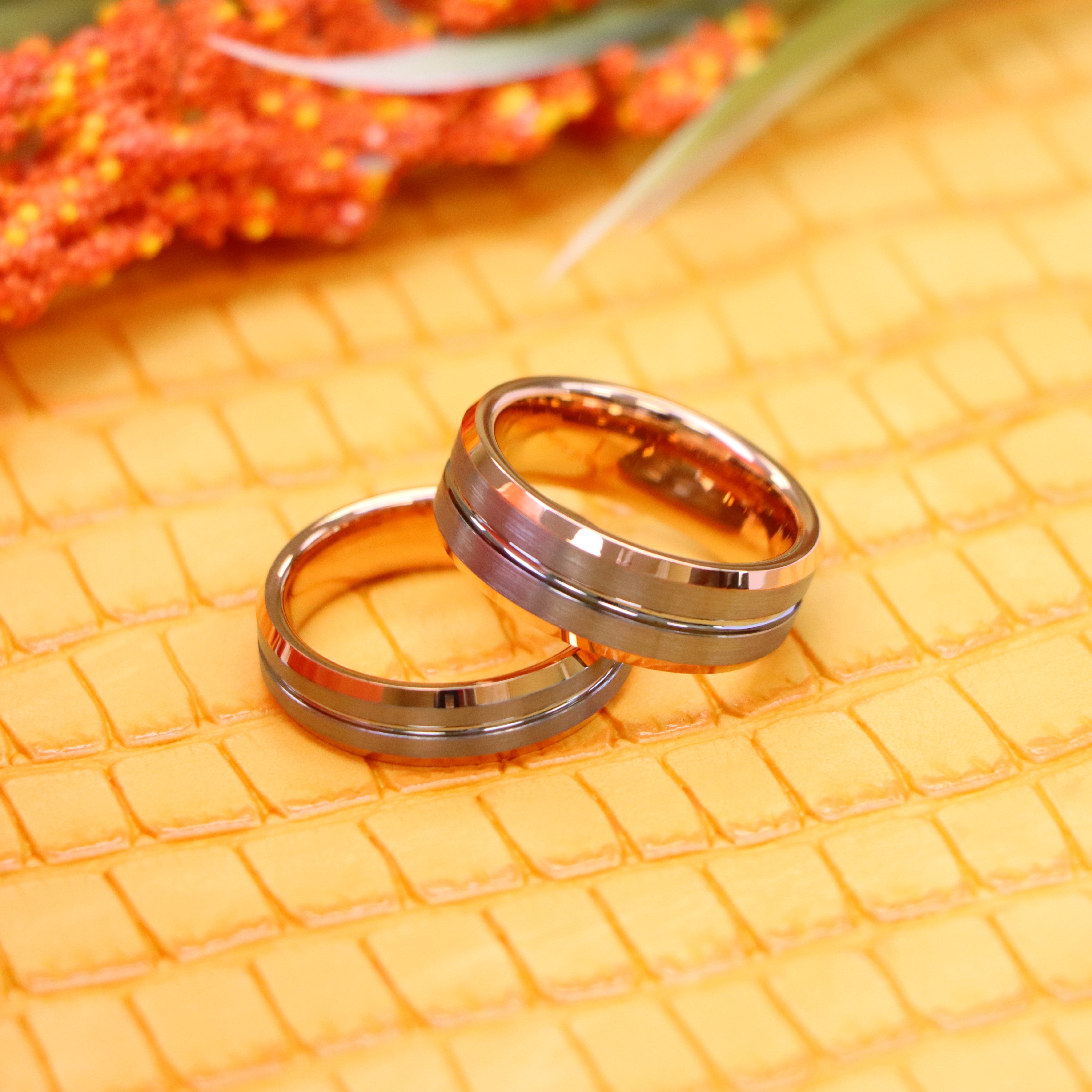 Rose Gold IP Plated Inside & Gun Metal Grooved Brushed Center Tungsten Ring - Labhu USA