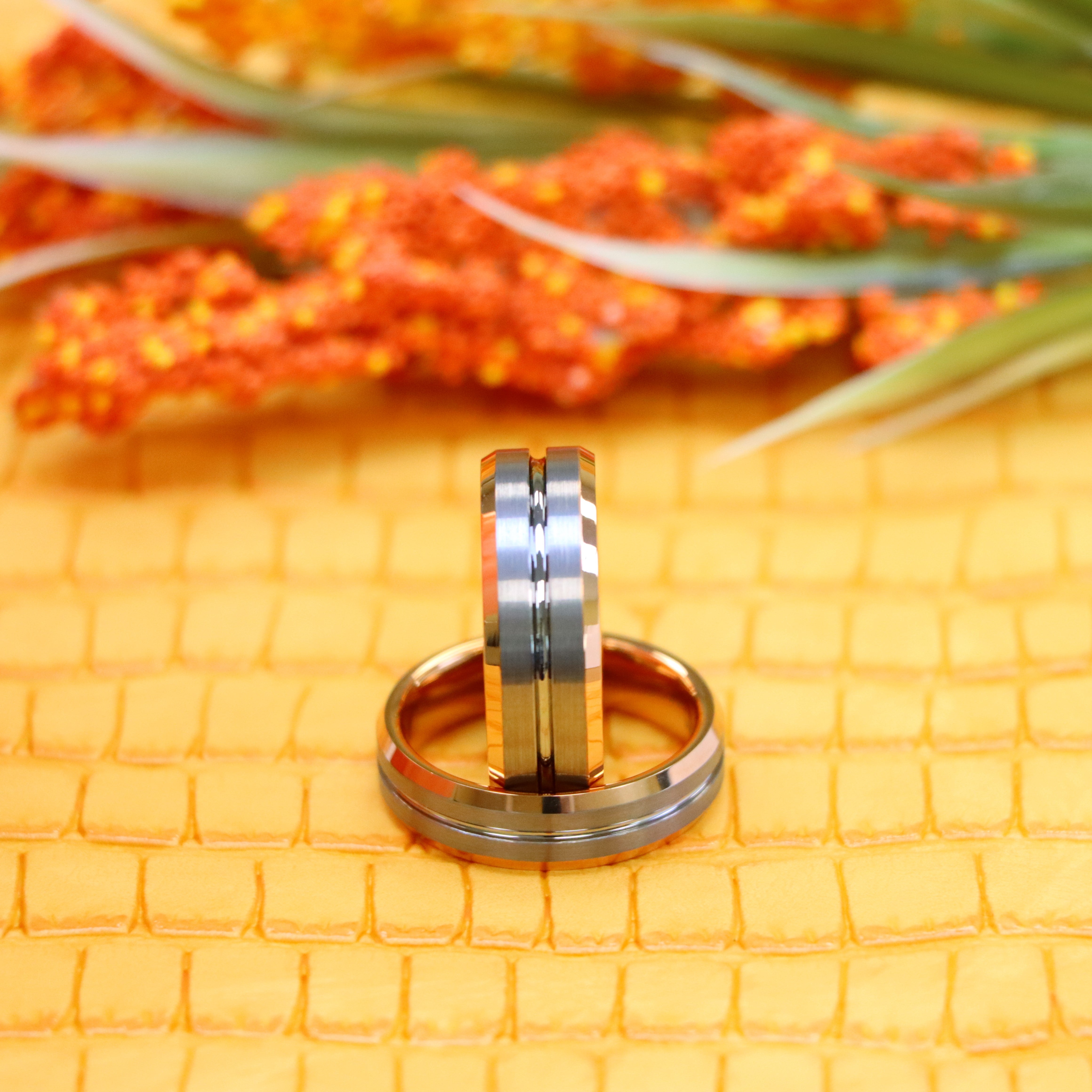 Rose Gold IP Plated Inside & Gun Metal Grooved Brushed Center Tungsten Ring - Labhu USA