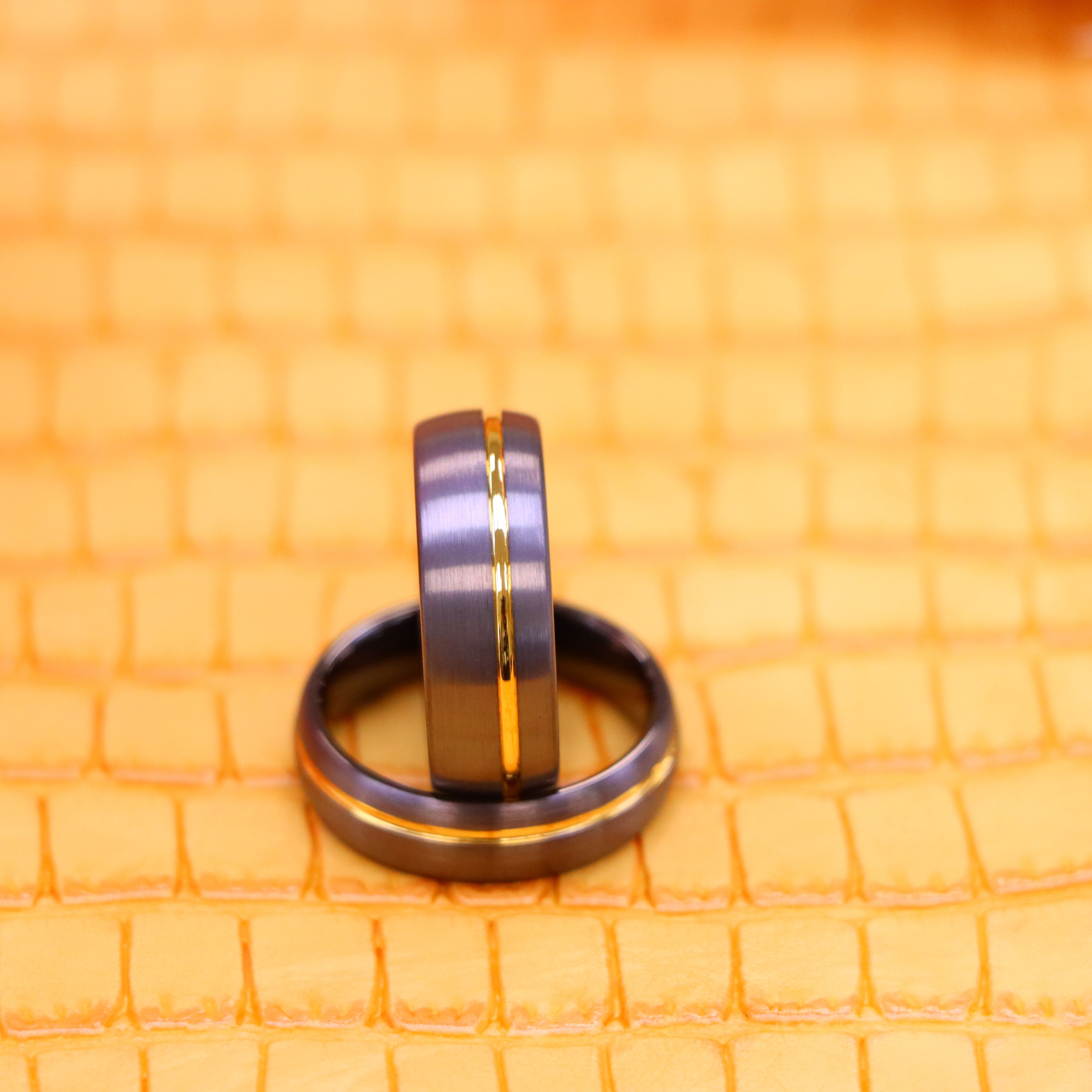 Gun Metal IP Plated Brushed Domed with Off Center Yellow IP Strip Tungsten Ring - Labhu USA