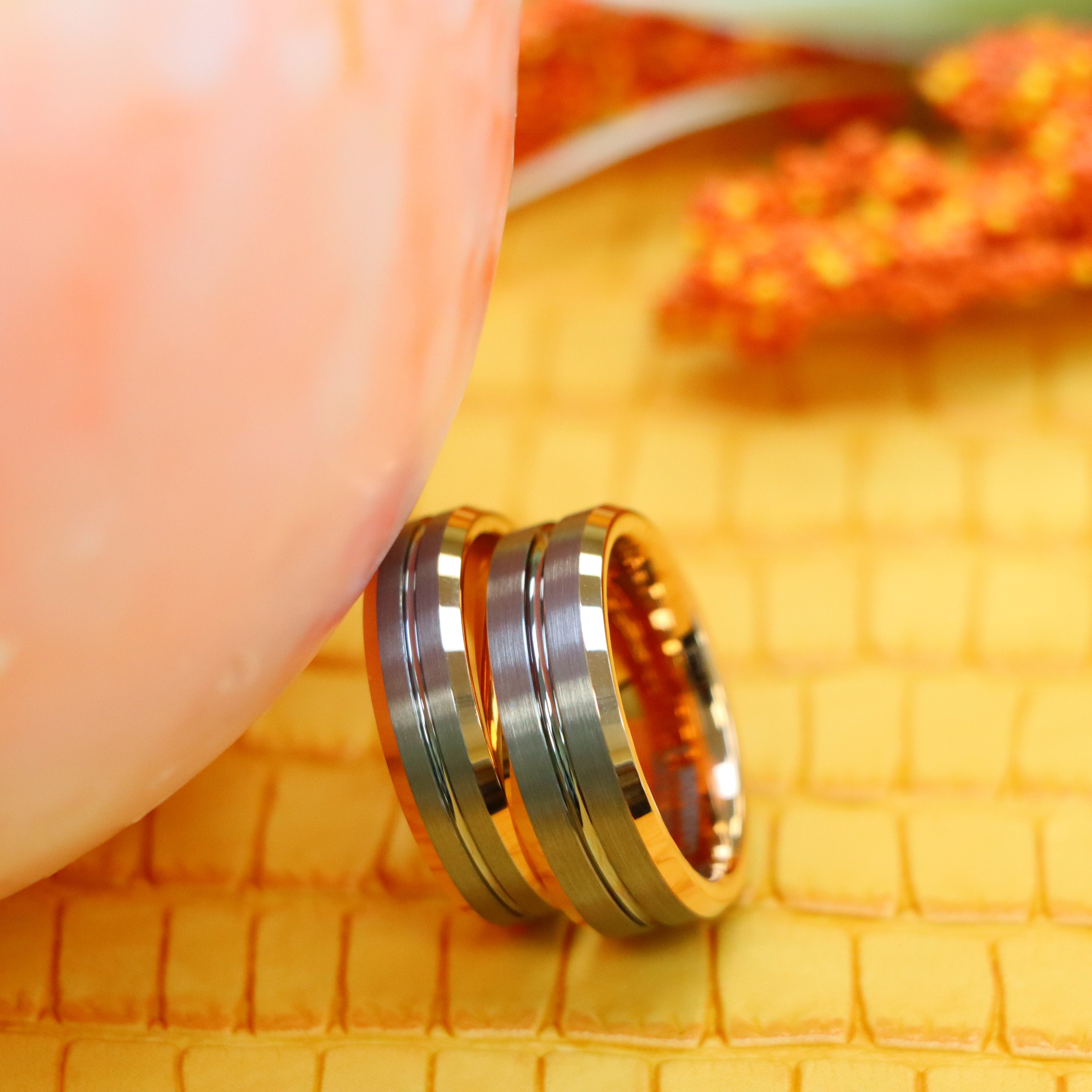 Rose Gold IP Plated Inside & Gun Metal Grooved Brushed Center Tungsten Ring - Labhu USA