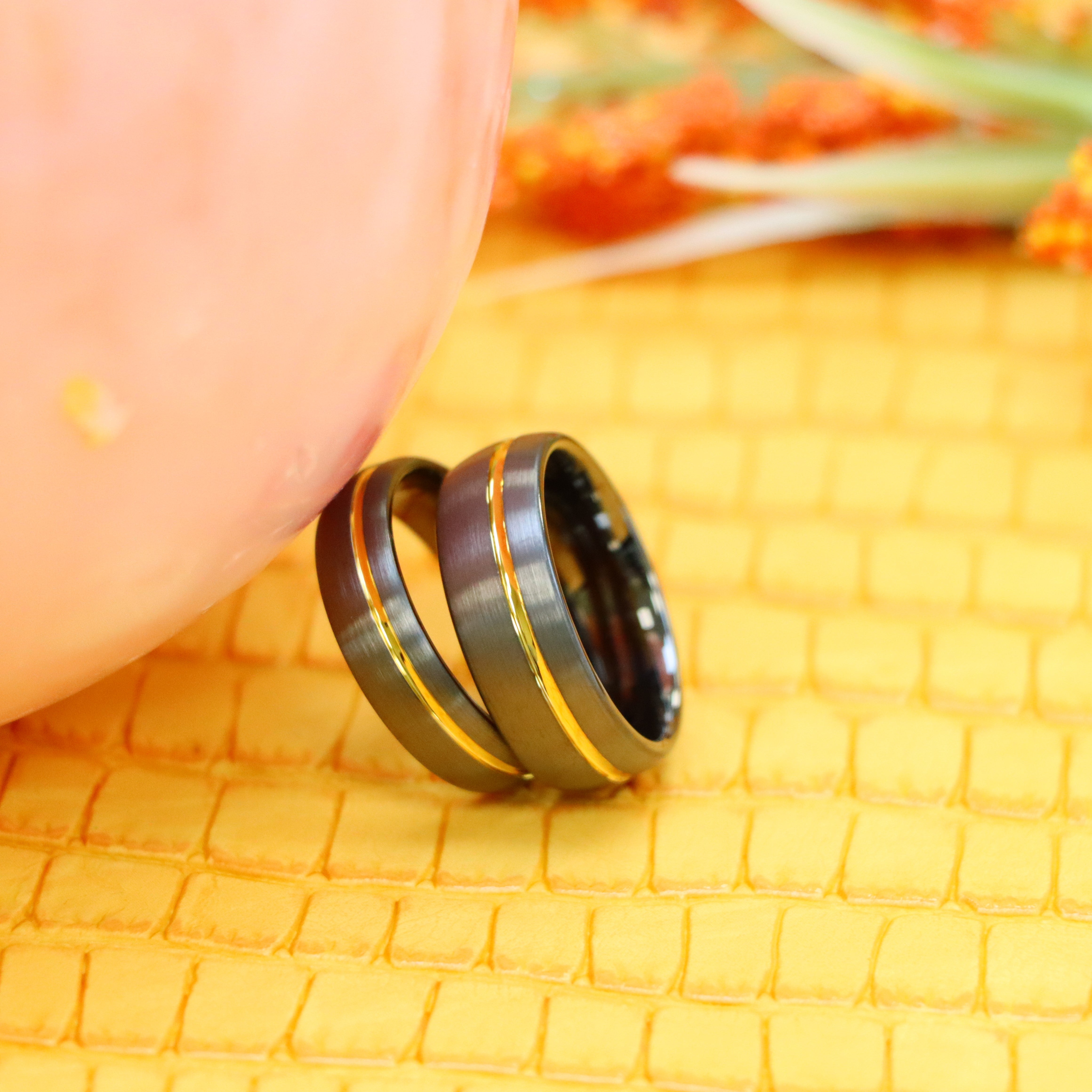 Gun Metal IP Plated Brushed Domed with Off Center Yellow IP Strip Tungsten Ring - Labhu USA