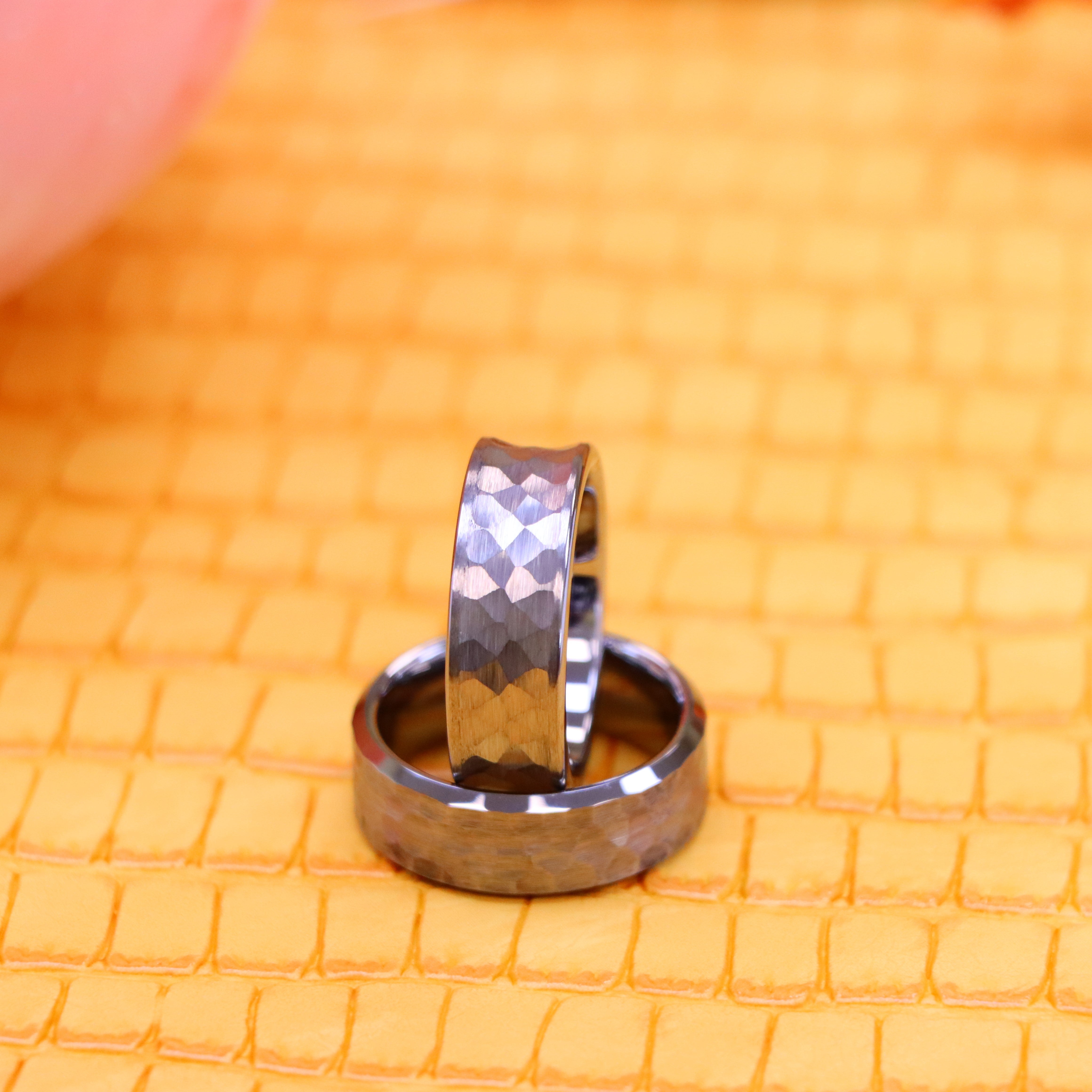 8mm Brushed Honeycomb Finish Beveled Edge/Concave Hammered Brushed Finish Tungsten Ring - Labhu USA
