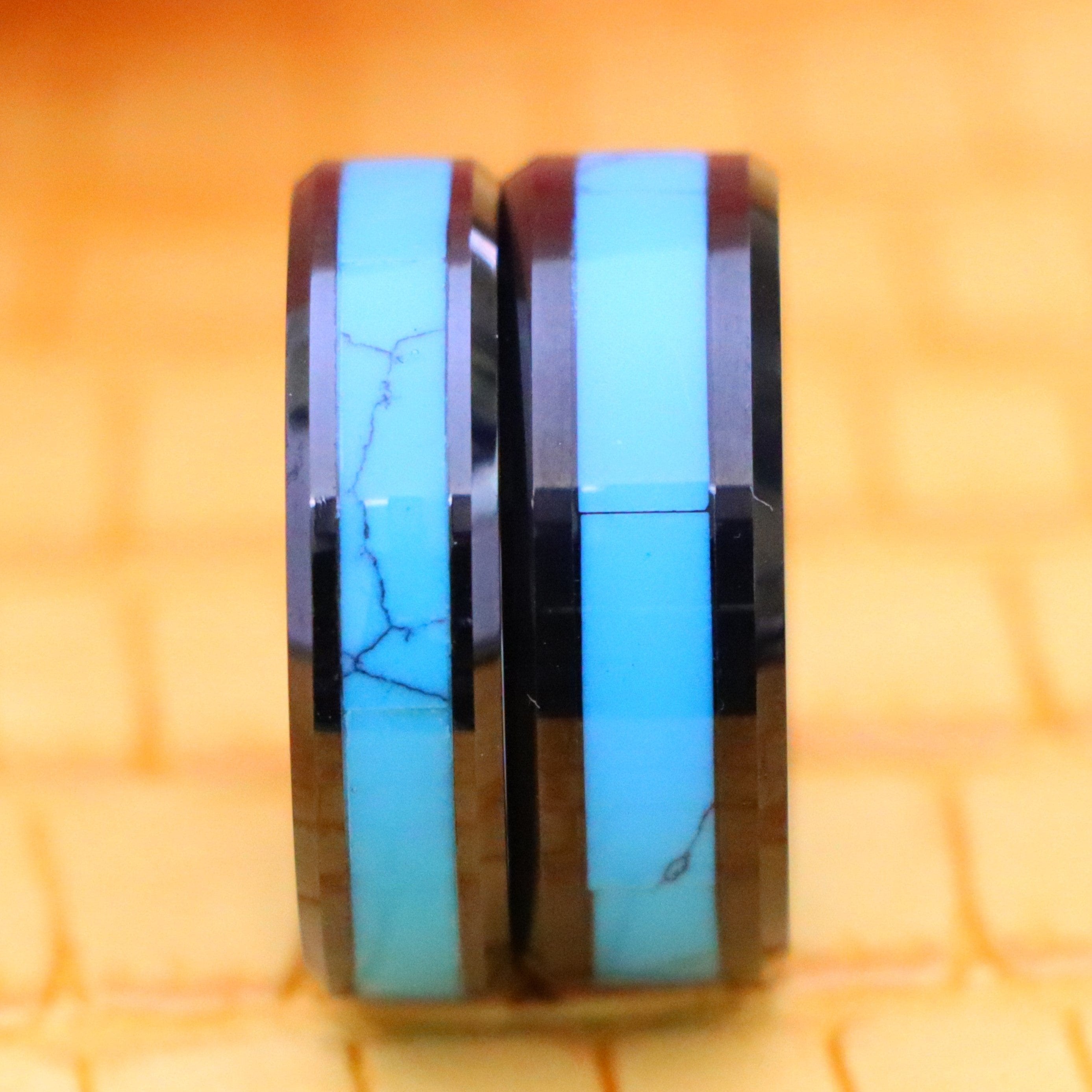Black IP with Synthetic Blue Turquoise Inlay Beveled Edge Tungsten Ring - Labhu USA