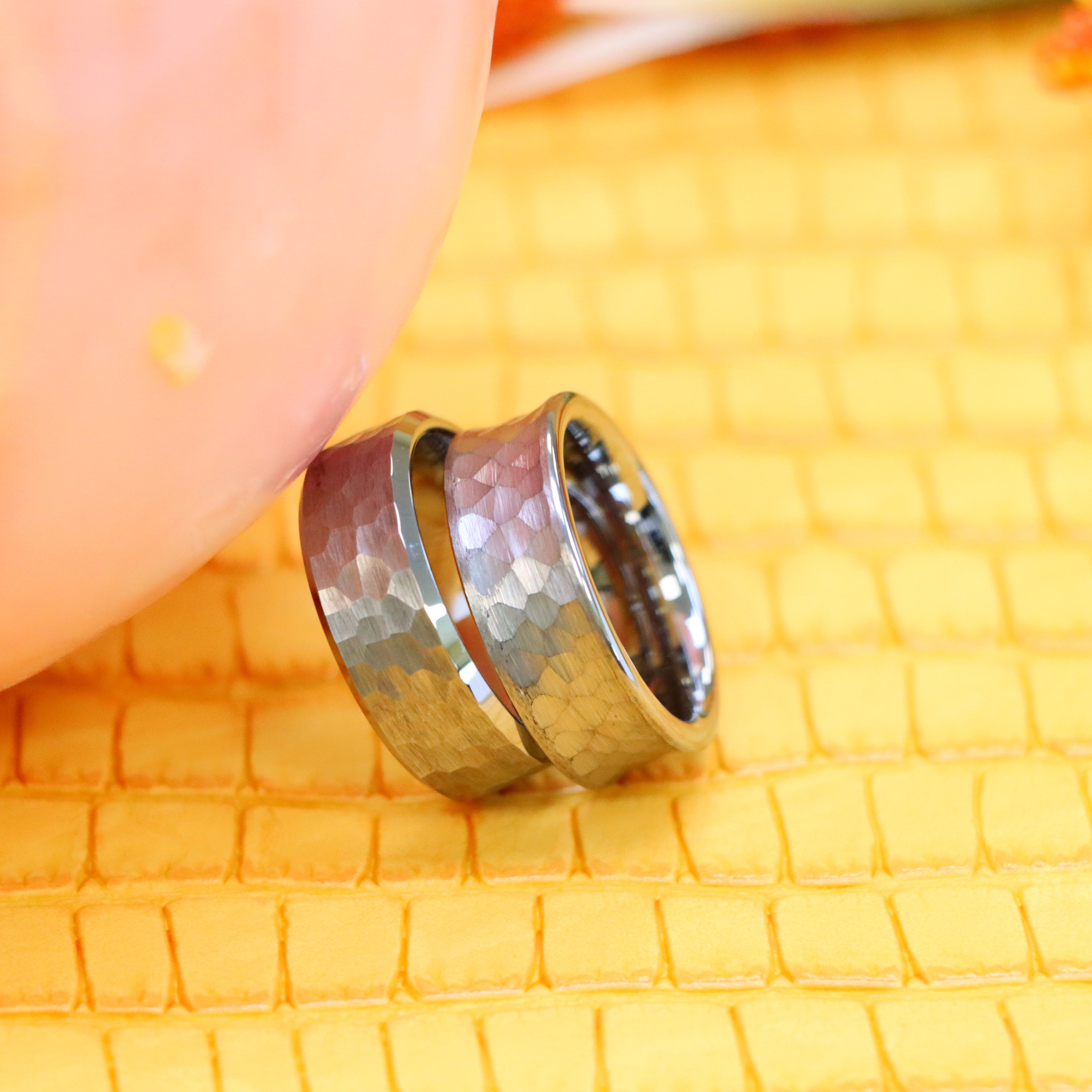 8mm Brushed Honeycomb Finish Beveled Edge/Concave Hammered Brushed Finish Tungsten Ring - Labhu USA