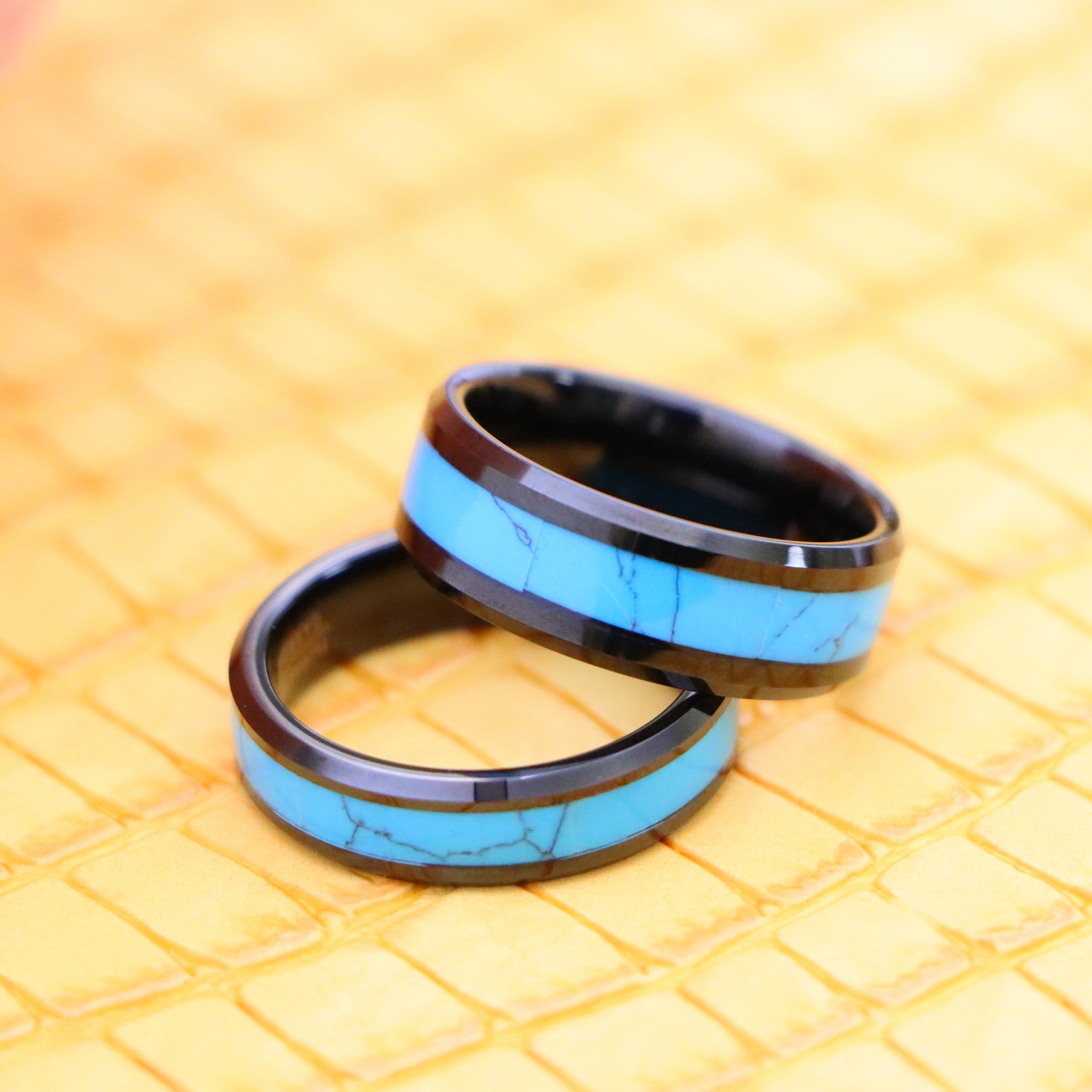 Black IP with Synthetic Blue Turquoise Inlay Beveled Edge Tungsten Ring - Labhu USA