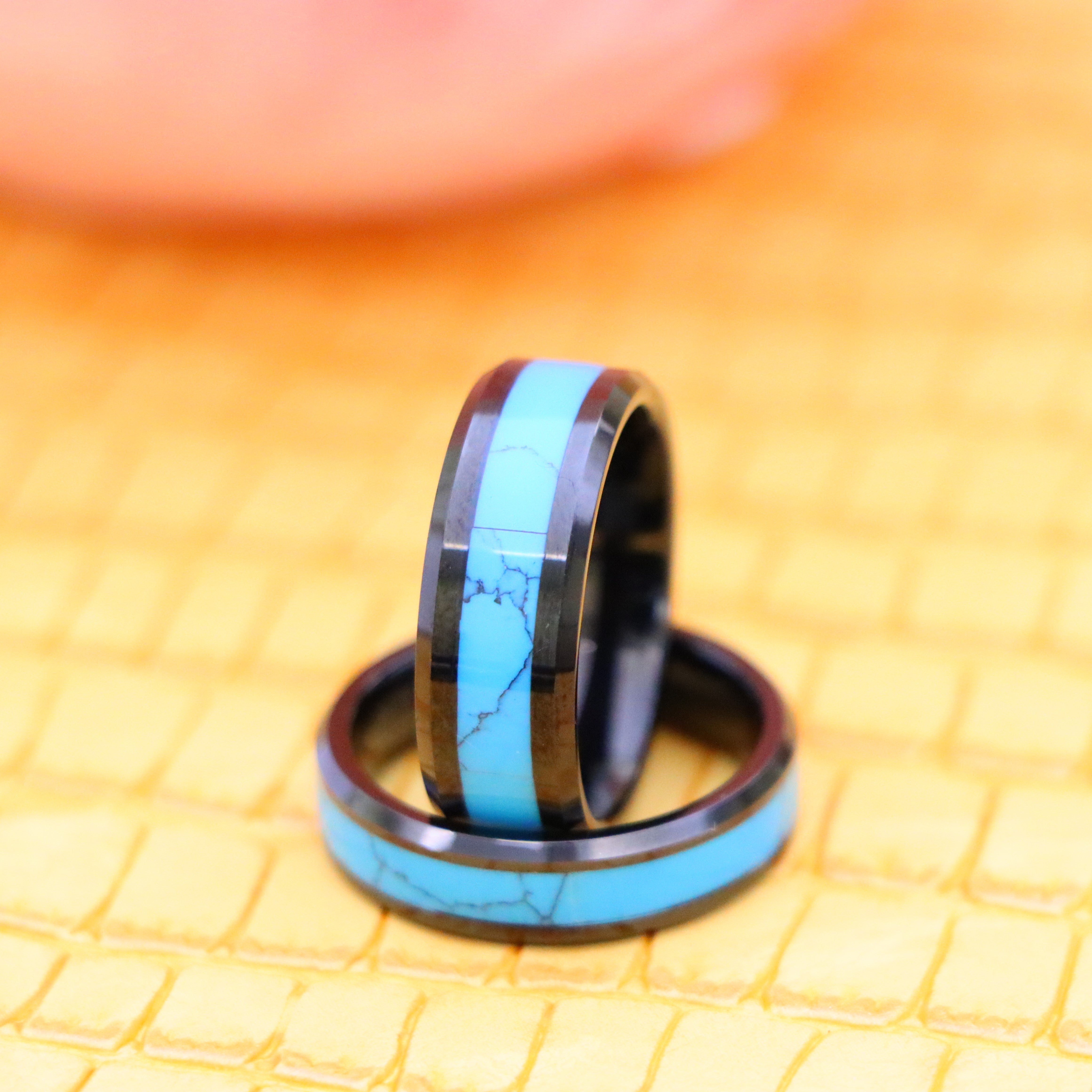 Black IP with Synthetic Blue Turquoise Inlay Beveled Edge Tungsten Ring - Labhu USA