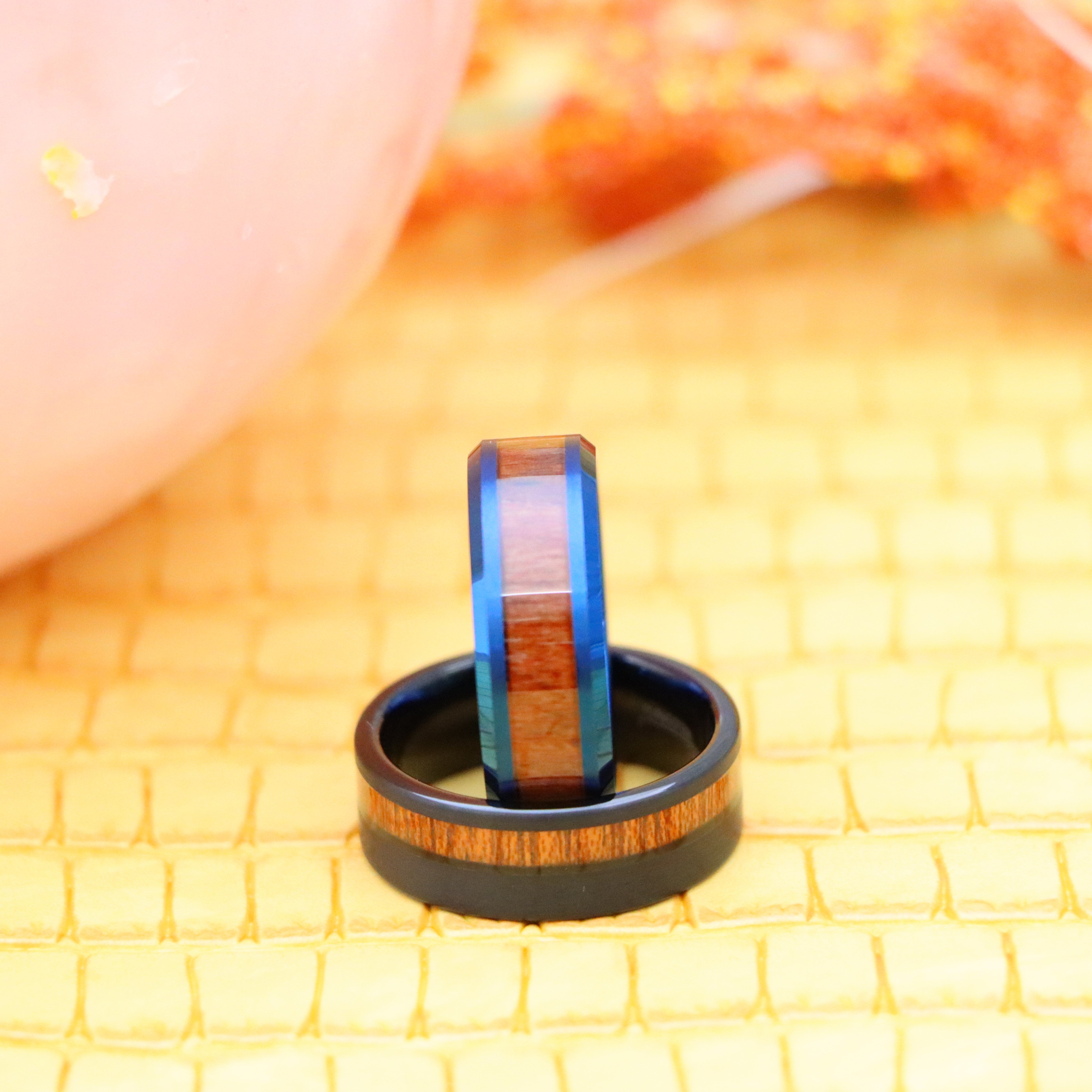 8mm Blue IP/Black IP Plated Inner Ring with Hawaiian Koa Wood Inlay Tungsten Ring - Men's Tungsten Jewelry Labhu USA