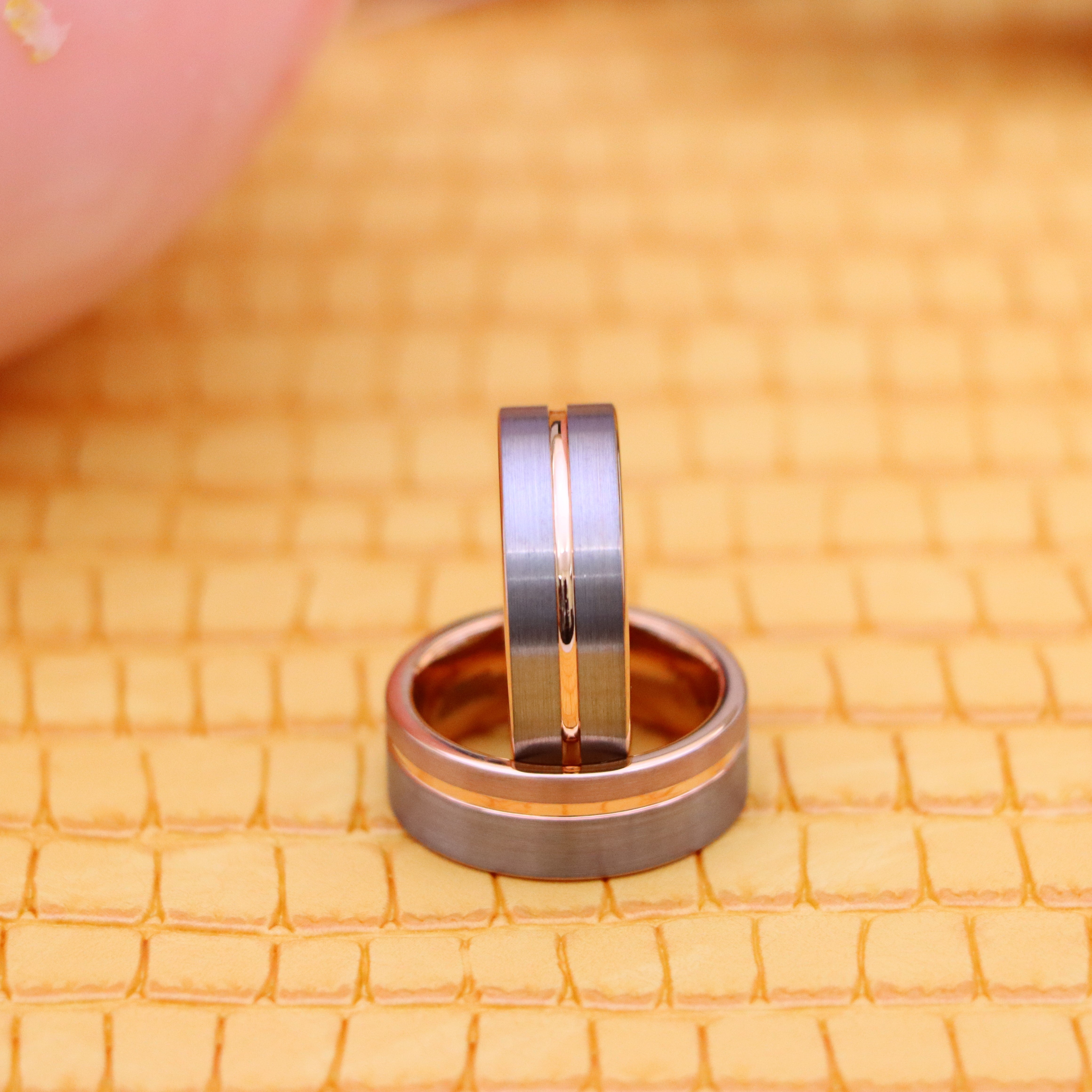 8mm Rose Gold IP Plated Inside & Groove Brushed Center Tungsten Ring - Labhu USA