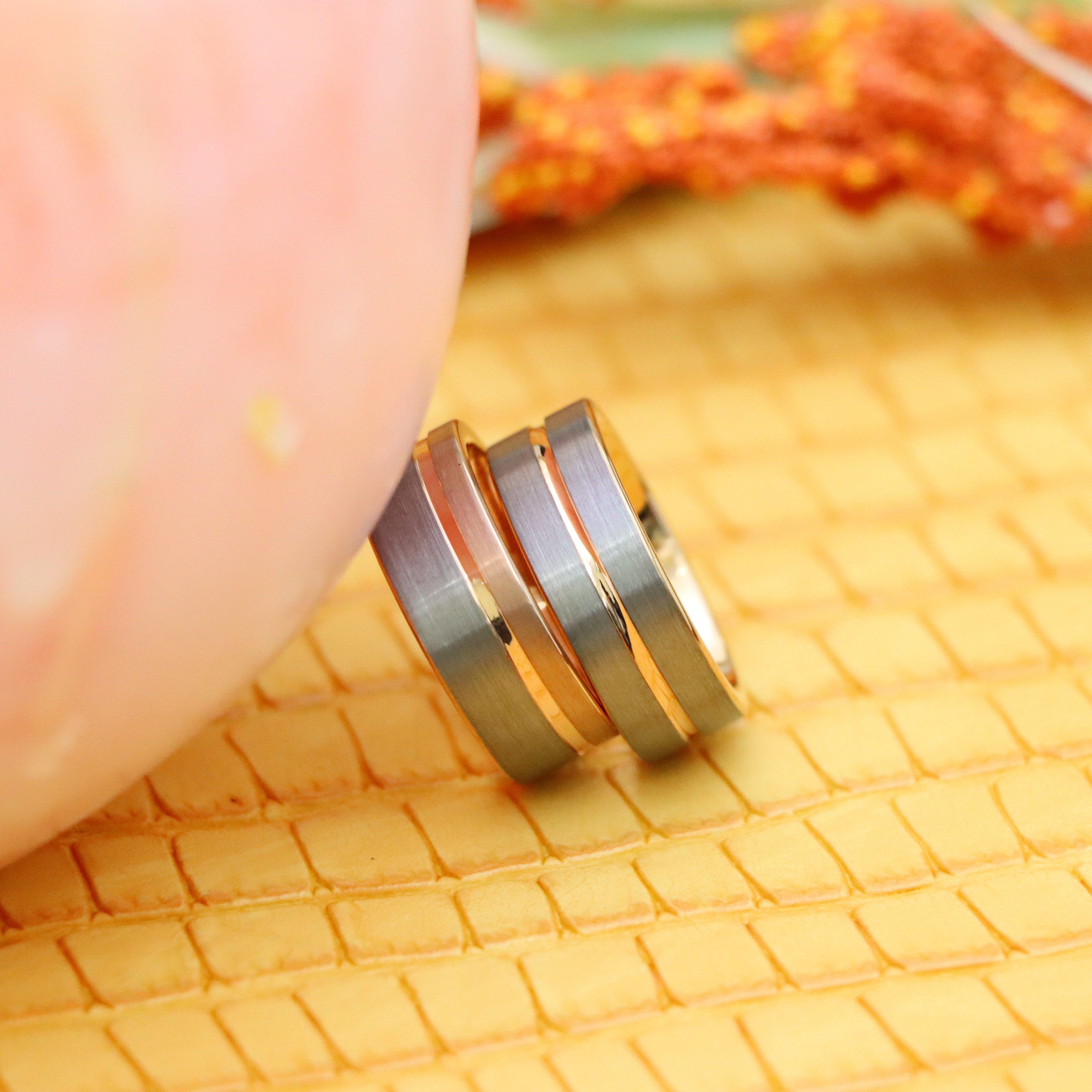 8mm Rose Gold IP Plated Inside & Groove Brushed Center Tungsten Ring - Labhu USA