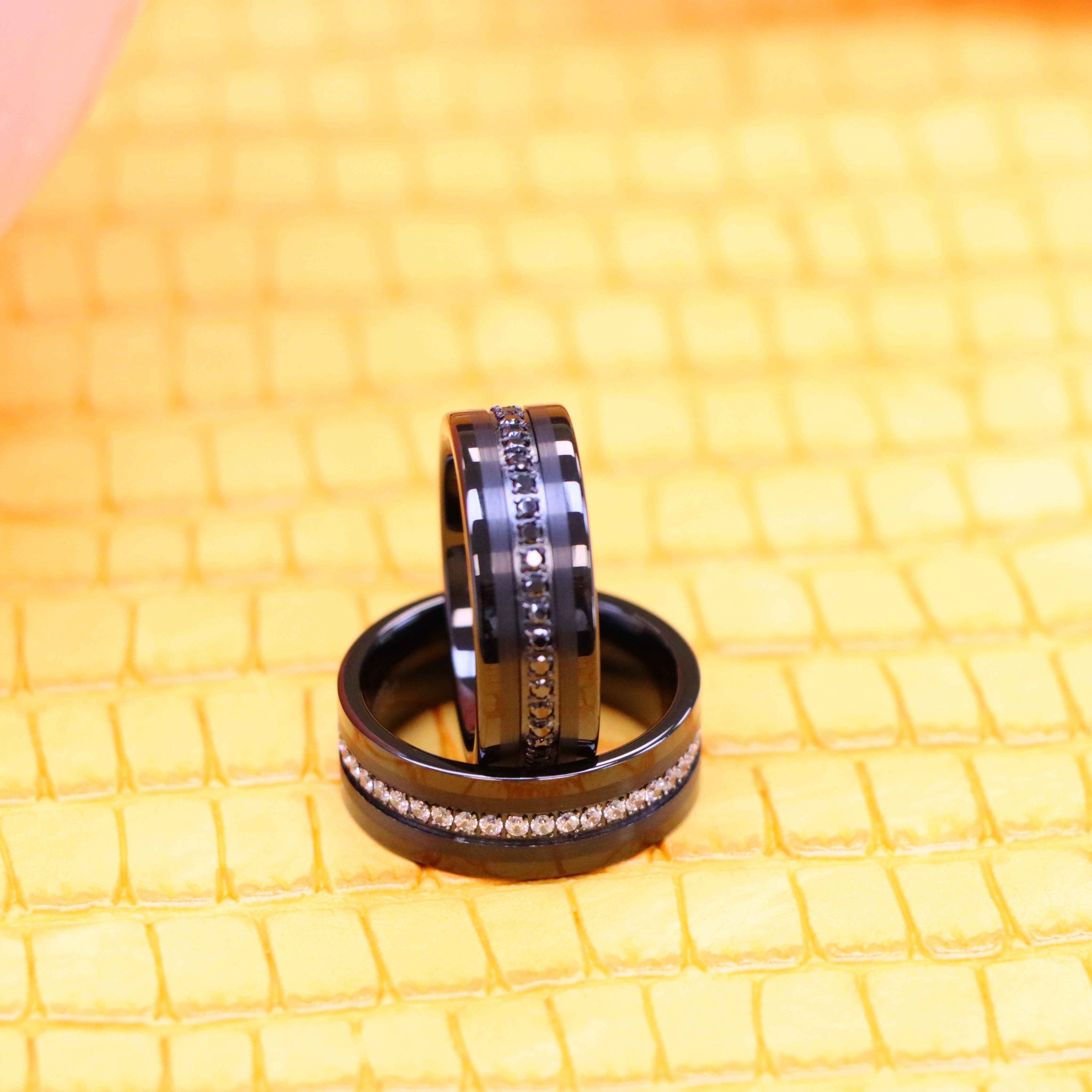 8mm Black IP Plated Prong-set Round-cut Black CZ Eternity Tungsten Ring on 8mm Black IP Plated Prong-set Round-cut White CZ Eternity ring and for men and women - product image view