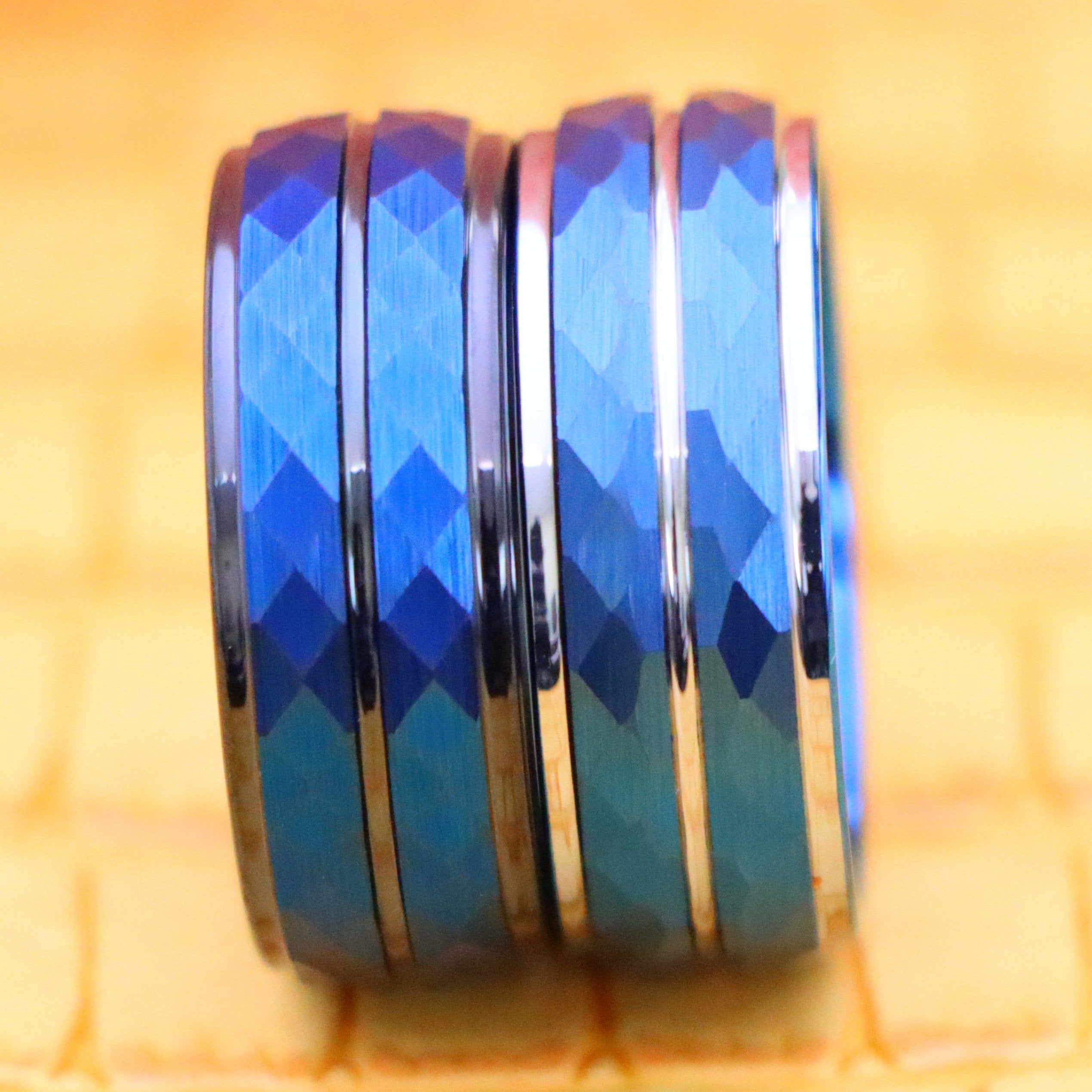 8mm Blue IP Plated Hammered Finish High Polished Stepped/Beveled Edge Tungsten Ring - Labhu USA