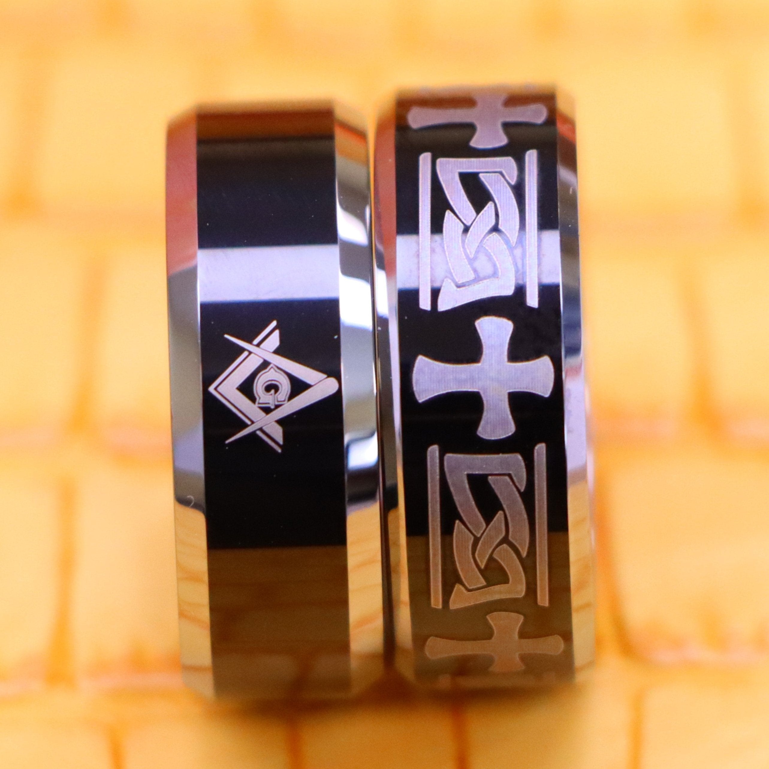 8mm black Beveled Edge Ring with Celtic Cross Engraved spiritual Tungsten Ring and 8mm black Beveled Edge Ring with Laser Engraved Masonic Symbol spiritual Tungsten Ring for highly spiritual people - Front View