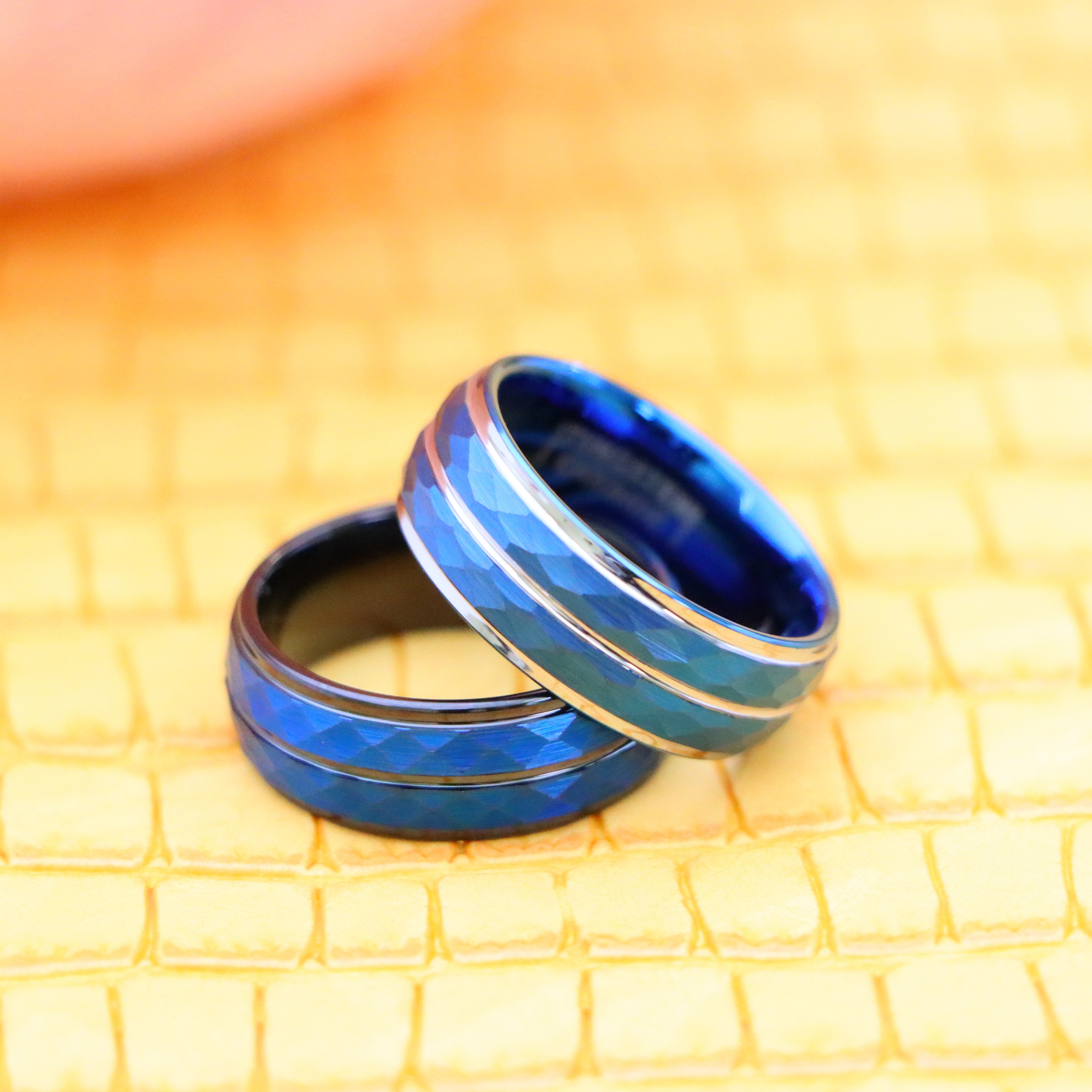 8mm Blue IP Plated Hammered Finish High Polished Stepped/Beveled Edge Tungsten Ring - Labhu USA