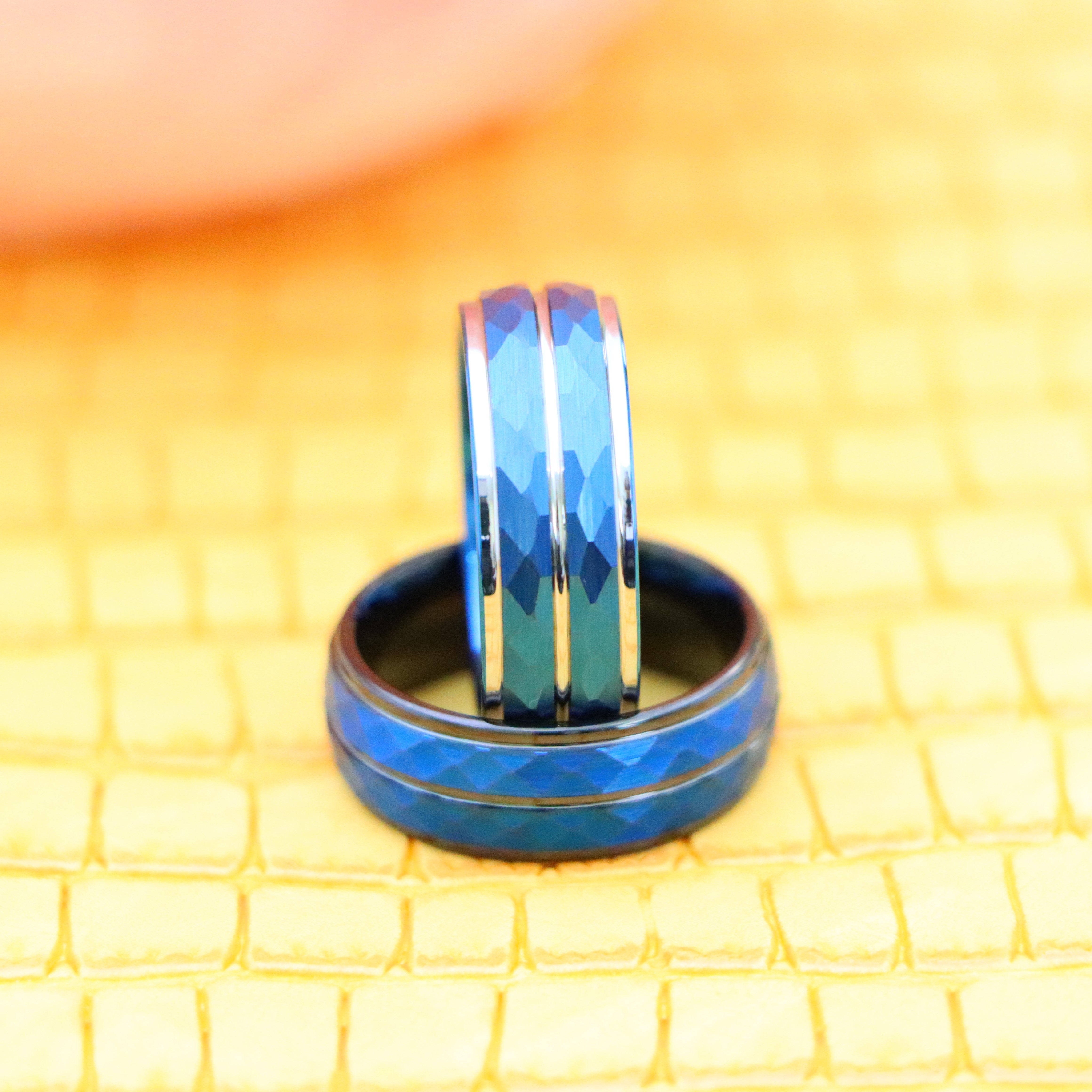 8mm Blue IP Plated Hammered Finish High Polished Stepped/Beveled Edge Tungsten Ring - Labhu USA