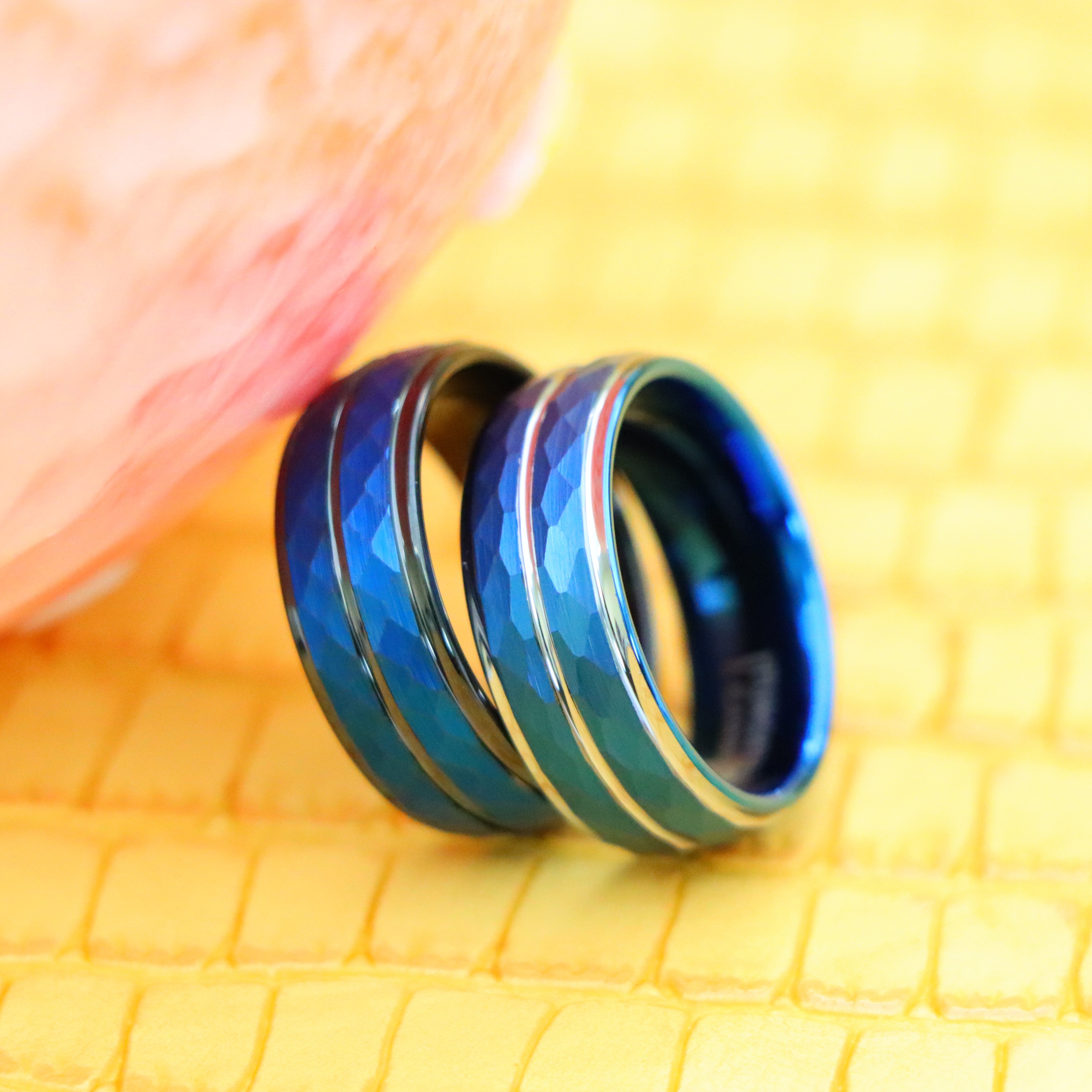8mm Blue IP Plated Hammered Finish High Polished Stepped/Beveled Edge Tungsten Ring - Labhu USA