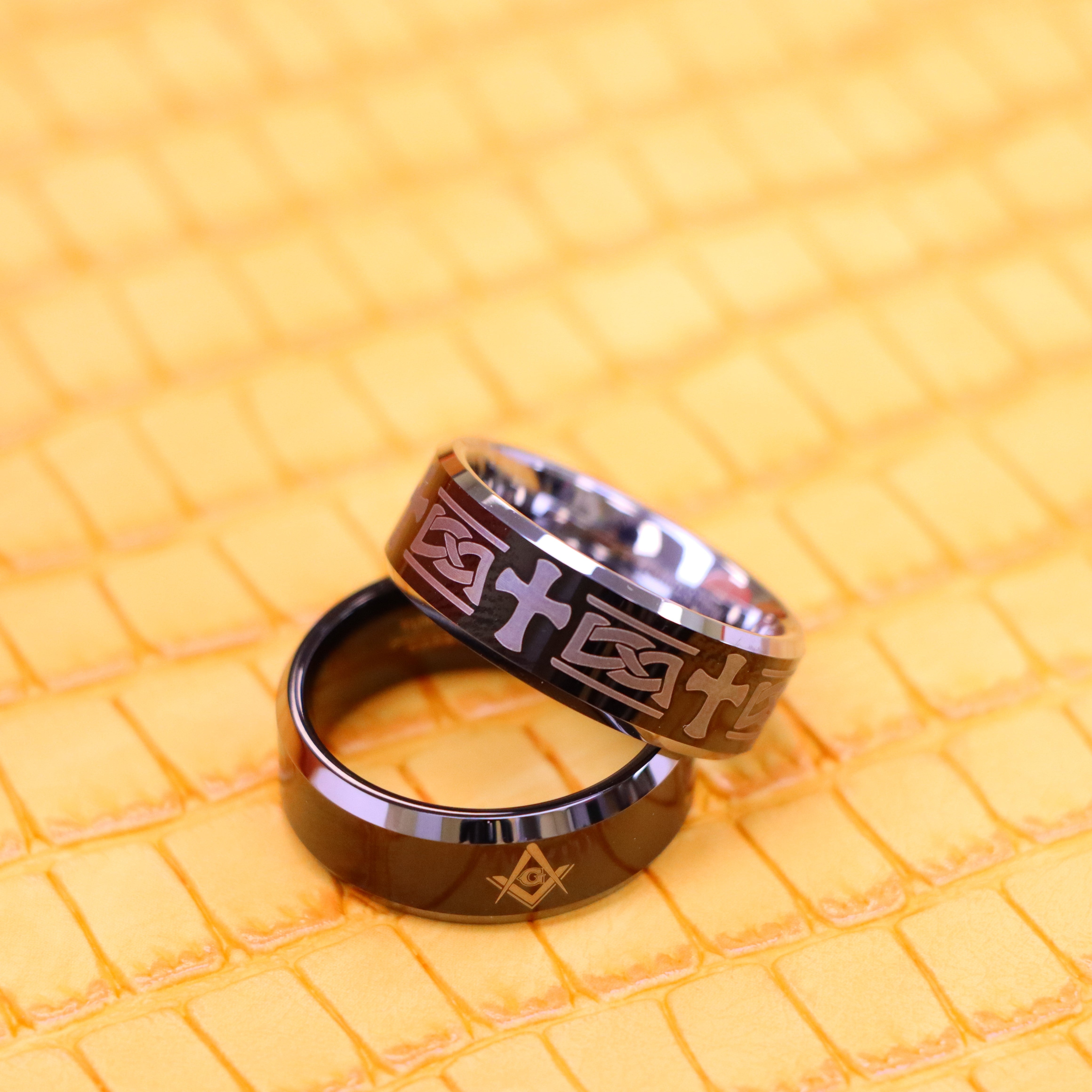 8mm black Beveled Edge Ring with Celtic Cross Engraved spiritual Tungsten Ring and 8mm black Beveled Edge Ring with Laser Engraved Masonic Symbol spiritual Tungsten Ring for highly spiritual people - One on one spreaded view