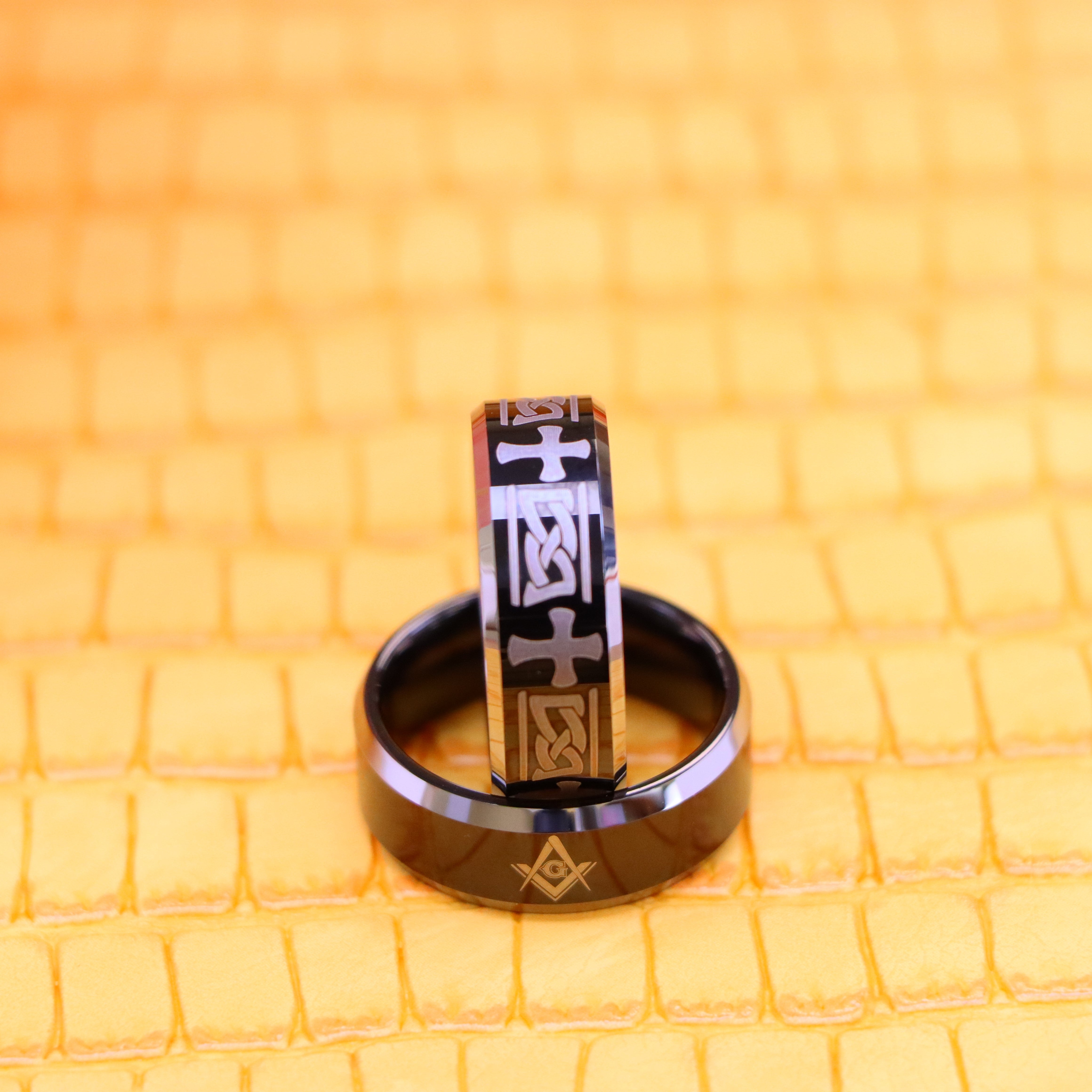 8mm black Beveled Edge Ring with Celtic Cross Engraved spiritual Tungsten Ring and 8mm black Beveled Edge Ring with Laser Engraved Masonic Symbol spiritual Tungsten Ring for highly spiritual people - Product Image view