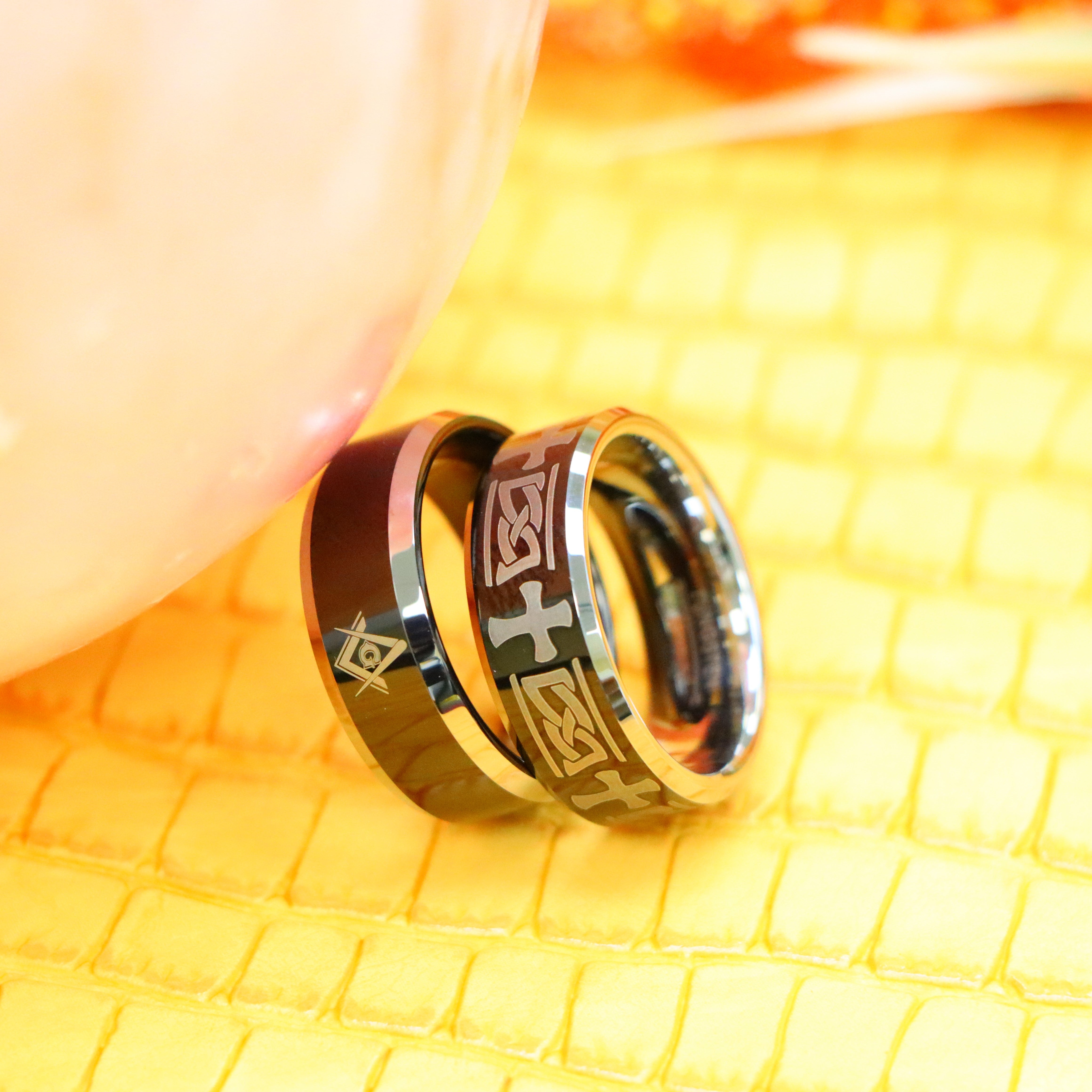 8mm black Beveled Edge Ring with Celtic Cross Engraved spiritual Tungsten Ring and 8mm black Beveled Edge Ring with Laser Engraved Masonic Symbol spiritual Tungsten Ring for highly spiritual people - side view