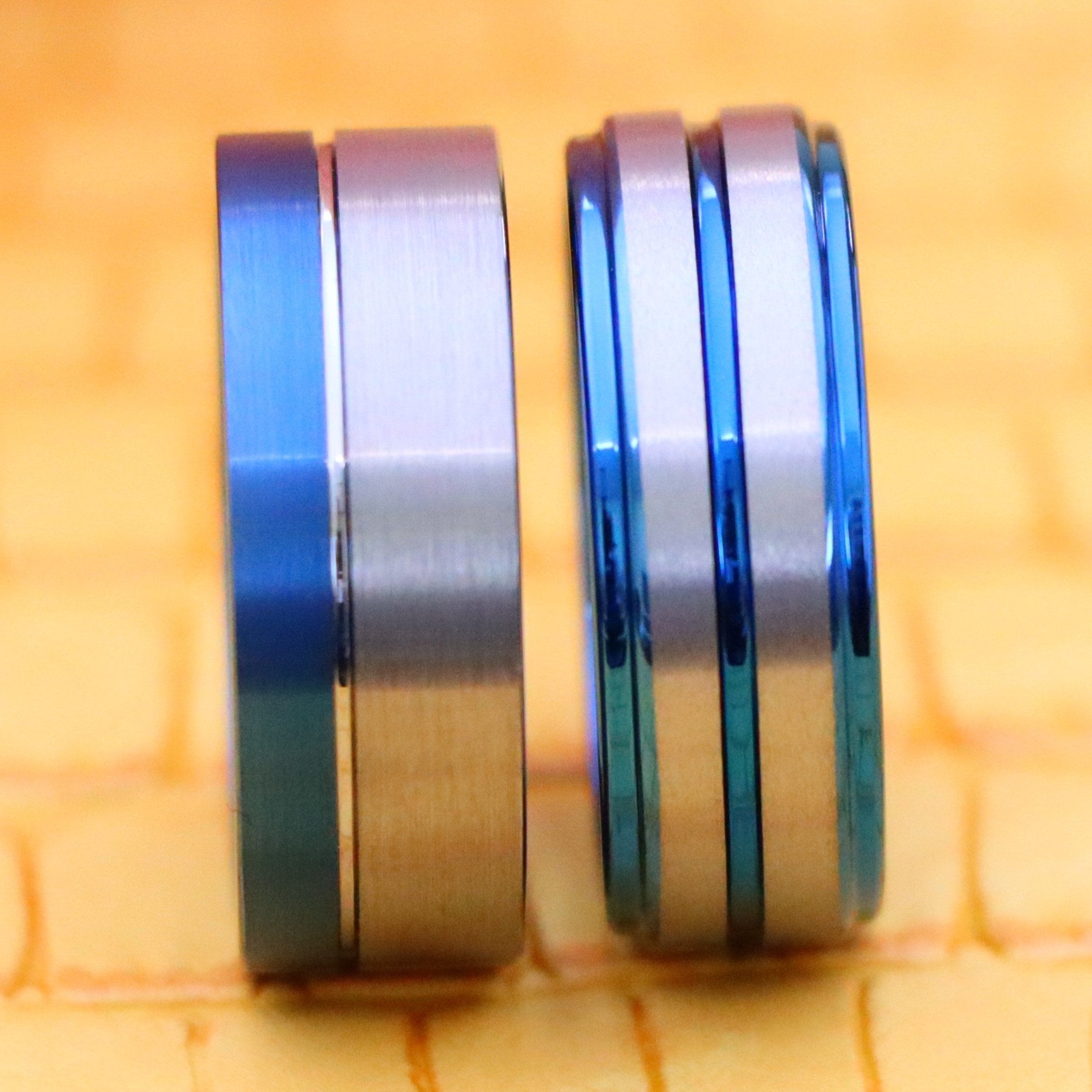 8mm Off-Center Grooved Blue IP Plated Brushed Pipe Cut /Stepped Edge Tungsten Ring - Labhu USA