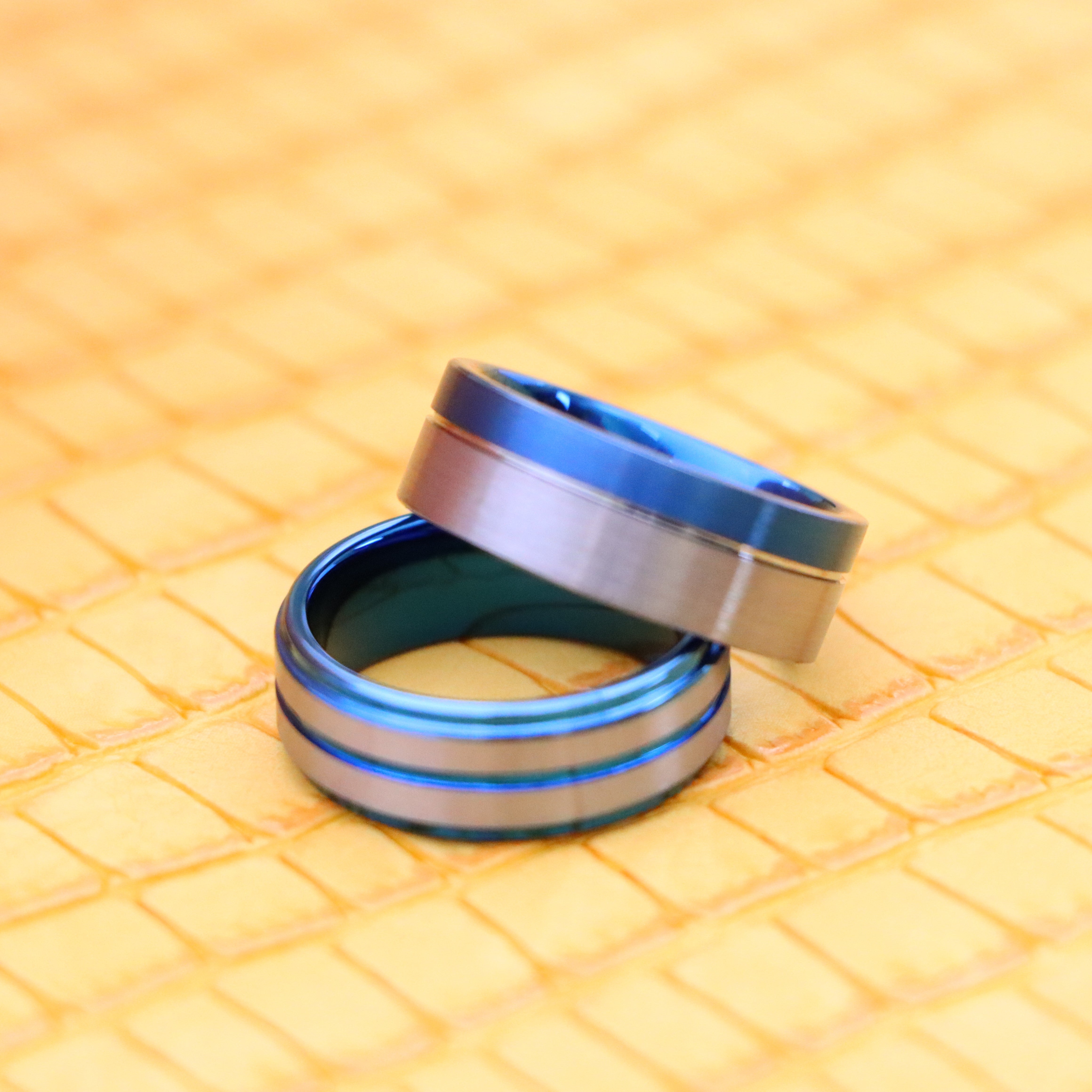 8mm Off-Center Grooved Blue IP Plated Brushed Pipe Cut /Stepped Edge Tungsten Ring - Labhu USA
