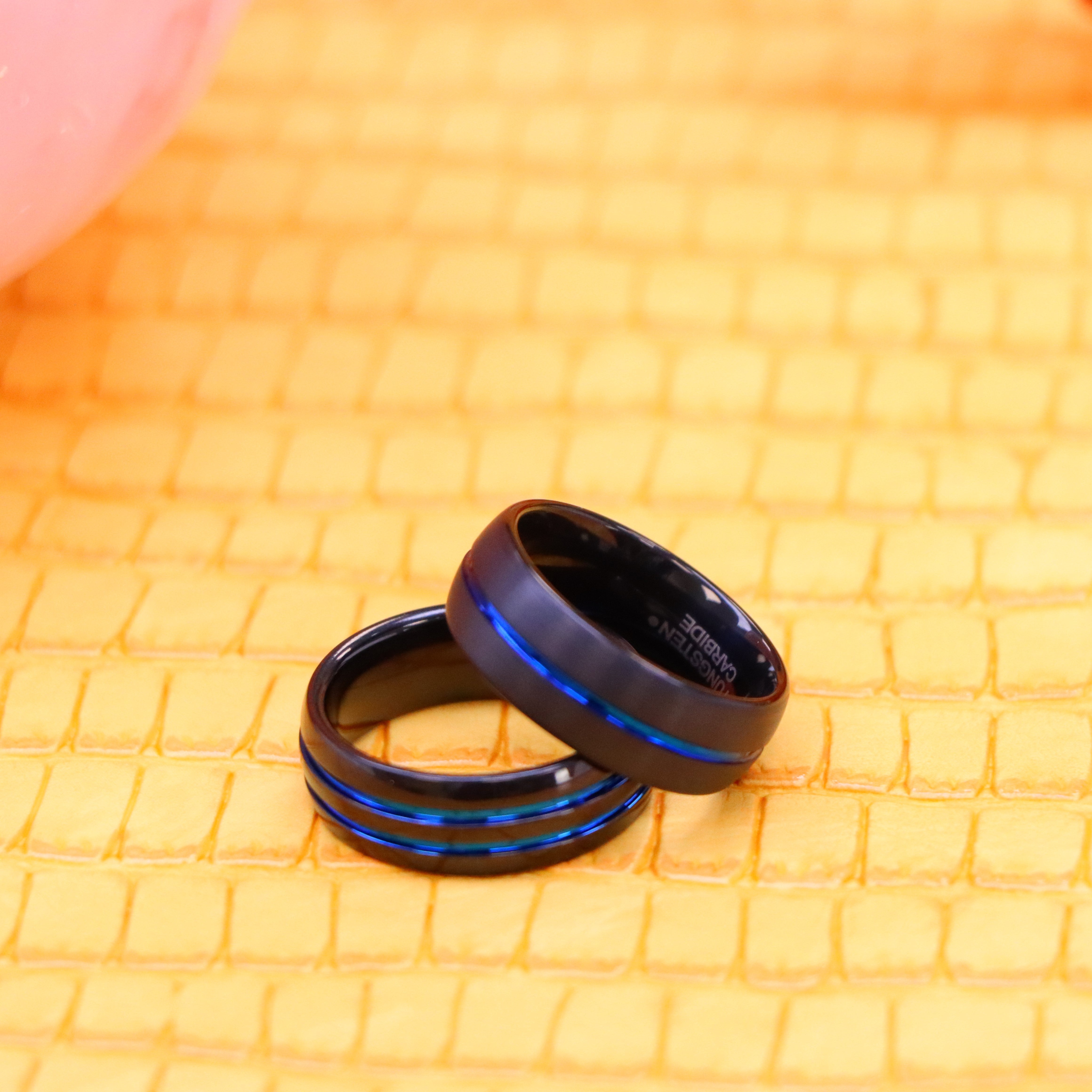 8mm Dome Black IP Tungsten Ring with Blue IP Center Groove - Labhu USA