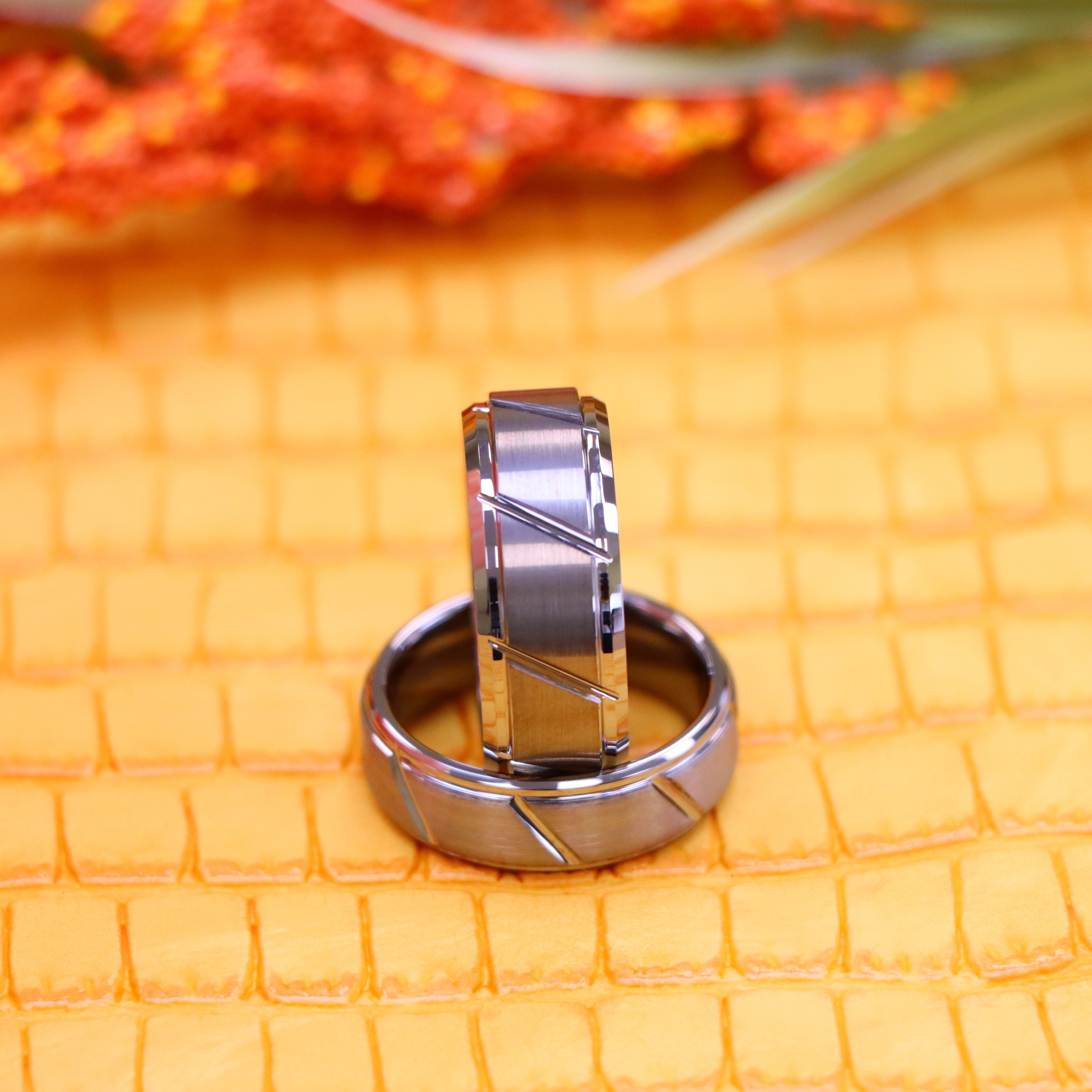 Multiple Diagonal Grooves Brushed Center Tungsten Ring - Labhu USA