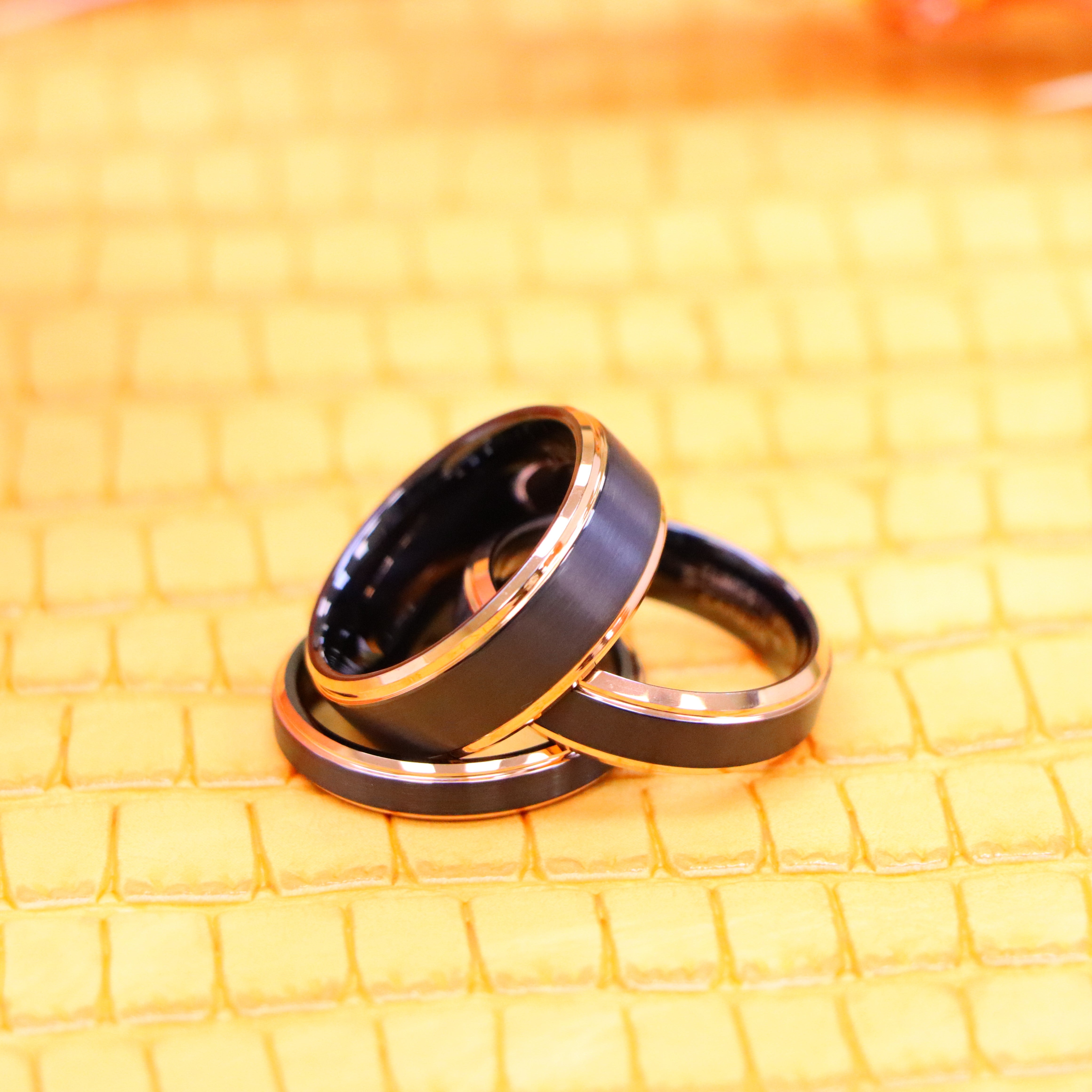 Two-Tone Black & Rose Gold IP Brushed Center Step Edge Tungsten Ring - Labhu USA