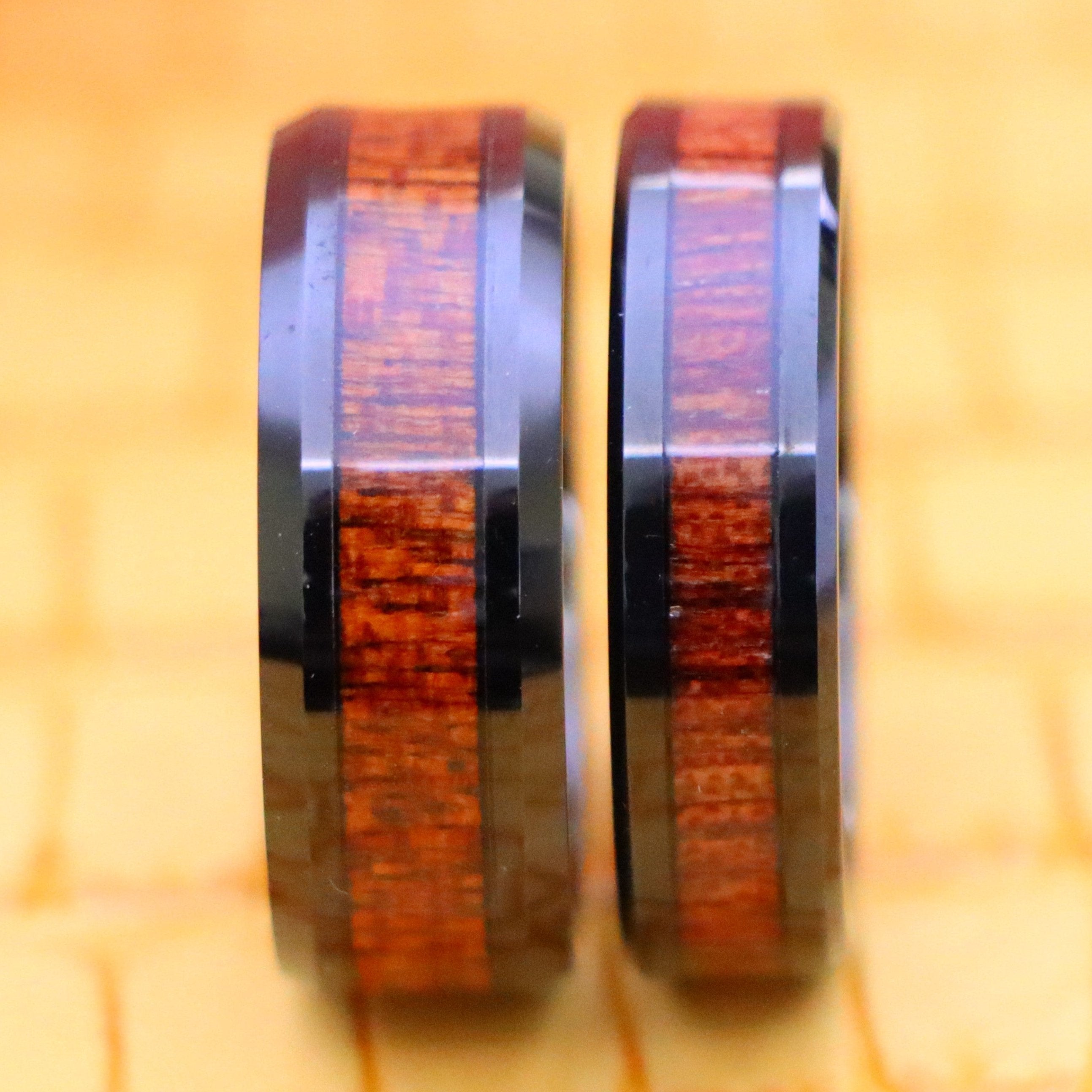 Black IP Plated Beveled Edge with Hawaiian Koa Wood Inlay Tungsten Ring - Labhu USA