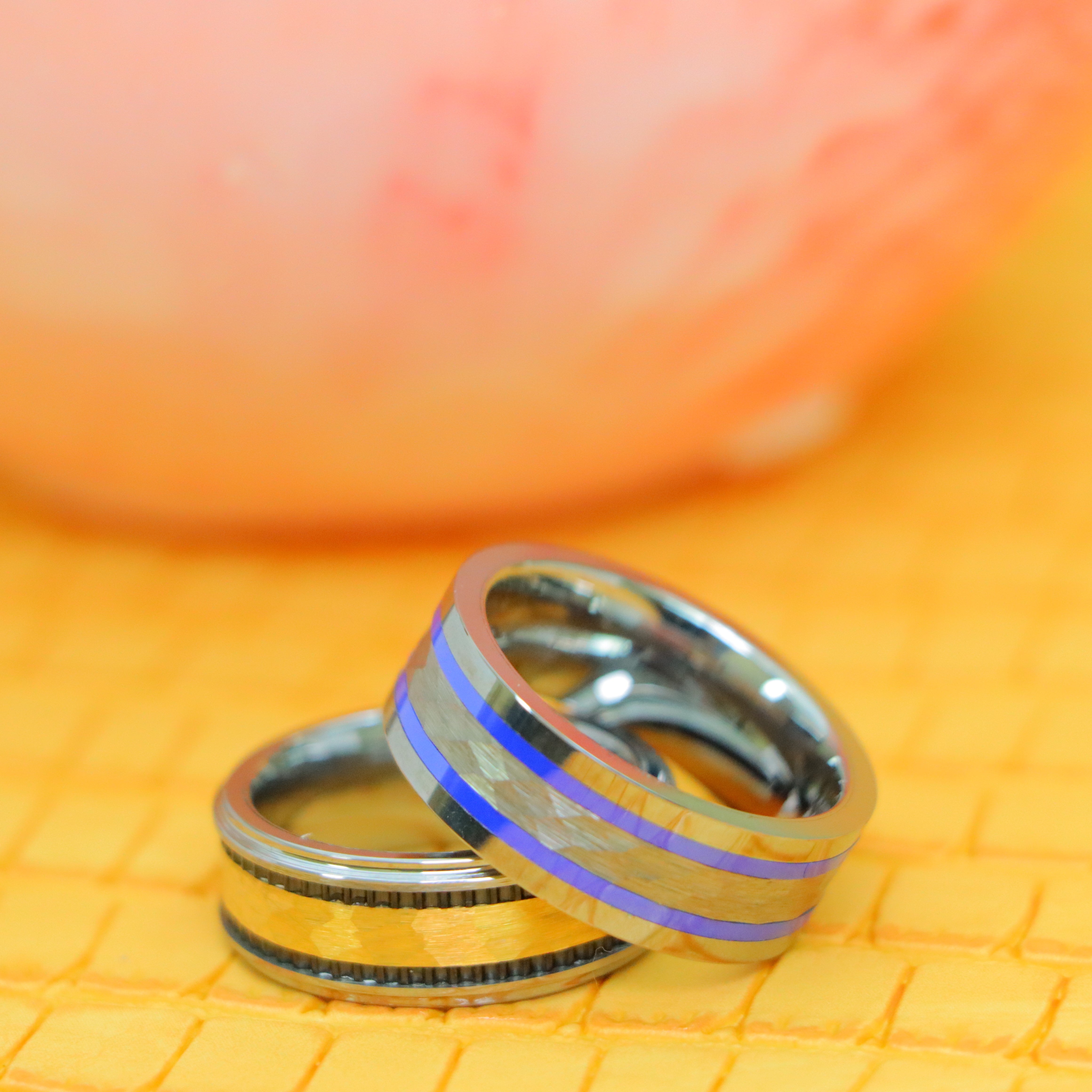 8mm Tungsten Ring Pipe-Cut Hammered Center with Two Blue Hue/Bluish Trims Shiny Edges Tungsten Ring Yellow Gold IP Hammered Center with Black IP Plated Stripes Tungsten Ring - Labhu USA