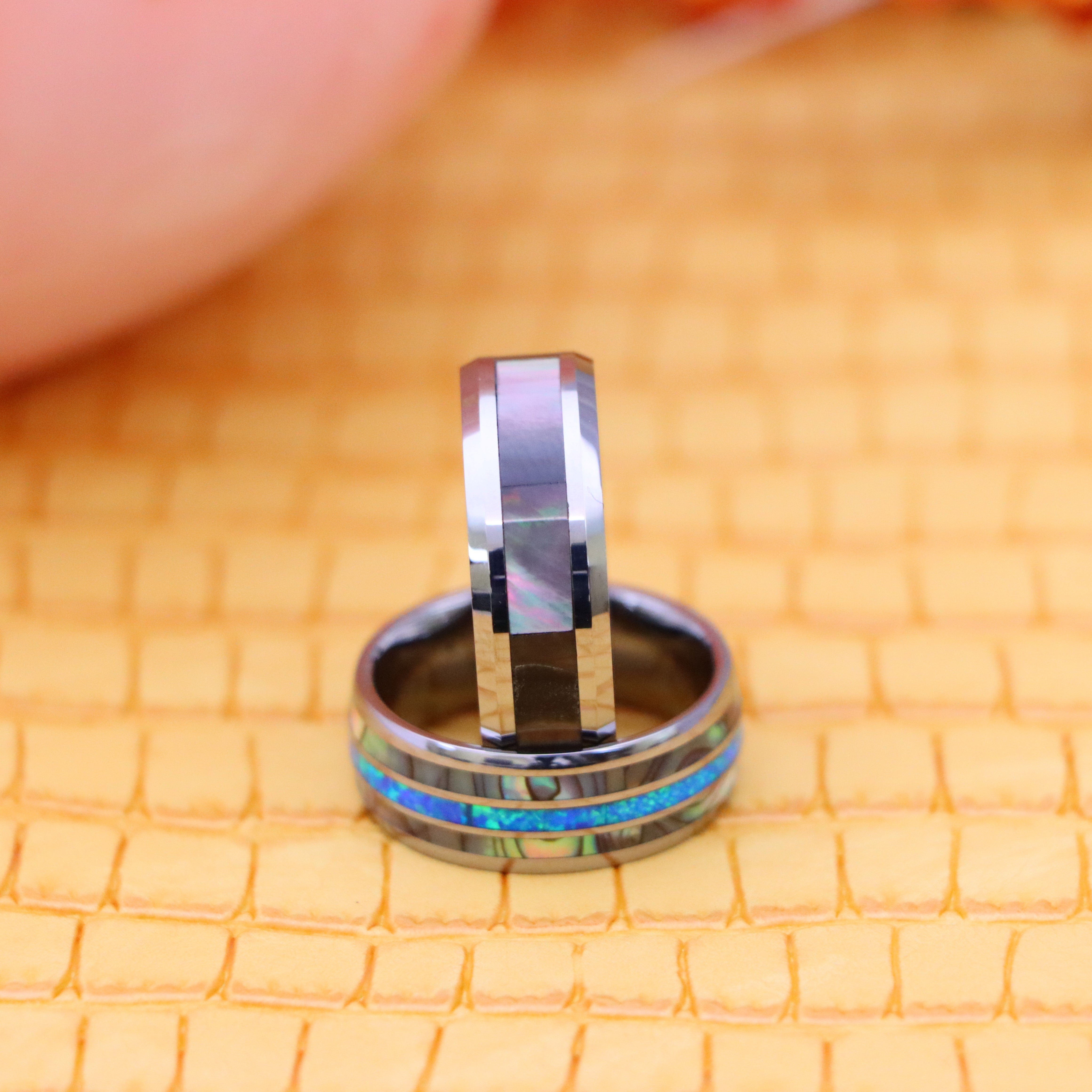 8mm Natural Dark Mother of Pearl Inlay Beveled Edge Tungsten Ring, Domed Ring with Opal & Mother of Pearl Inlay Tungsten Ring - Men's Fashion Jewelry Labhu USA