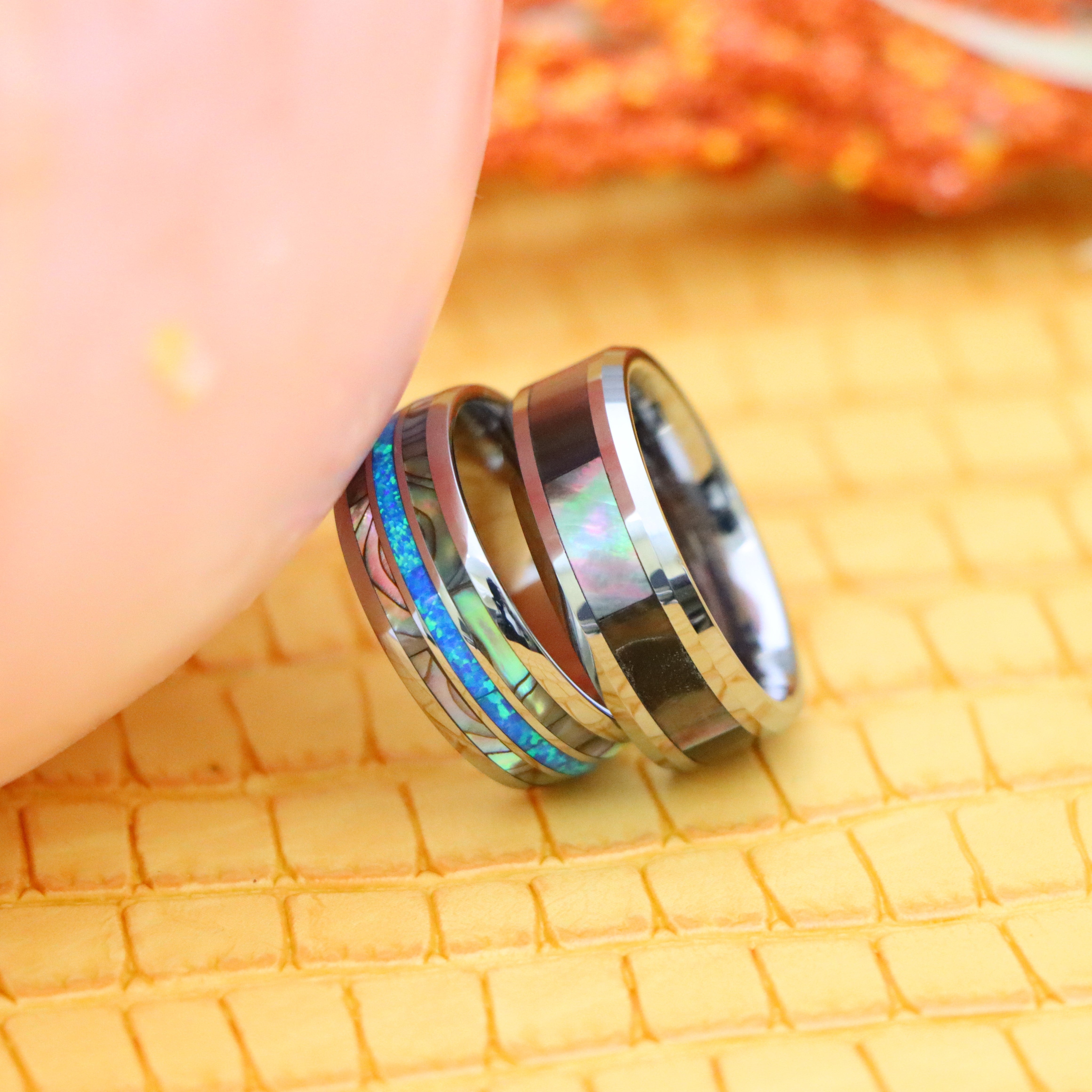 8mm Natural Dark Mother of Pearl Inlay Beveled Edge Tungsten Ring, Domed Ring with Opal & Mother of Pearl Inlay Tungsten Ring - Men's Fashion Jewelry Labhu USA