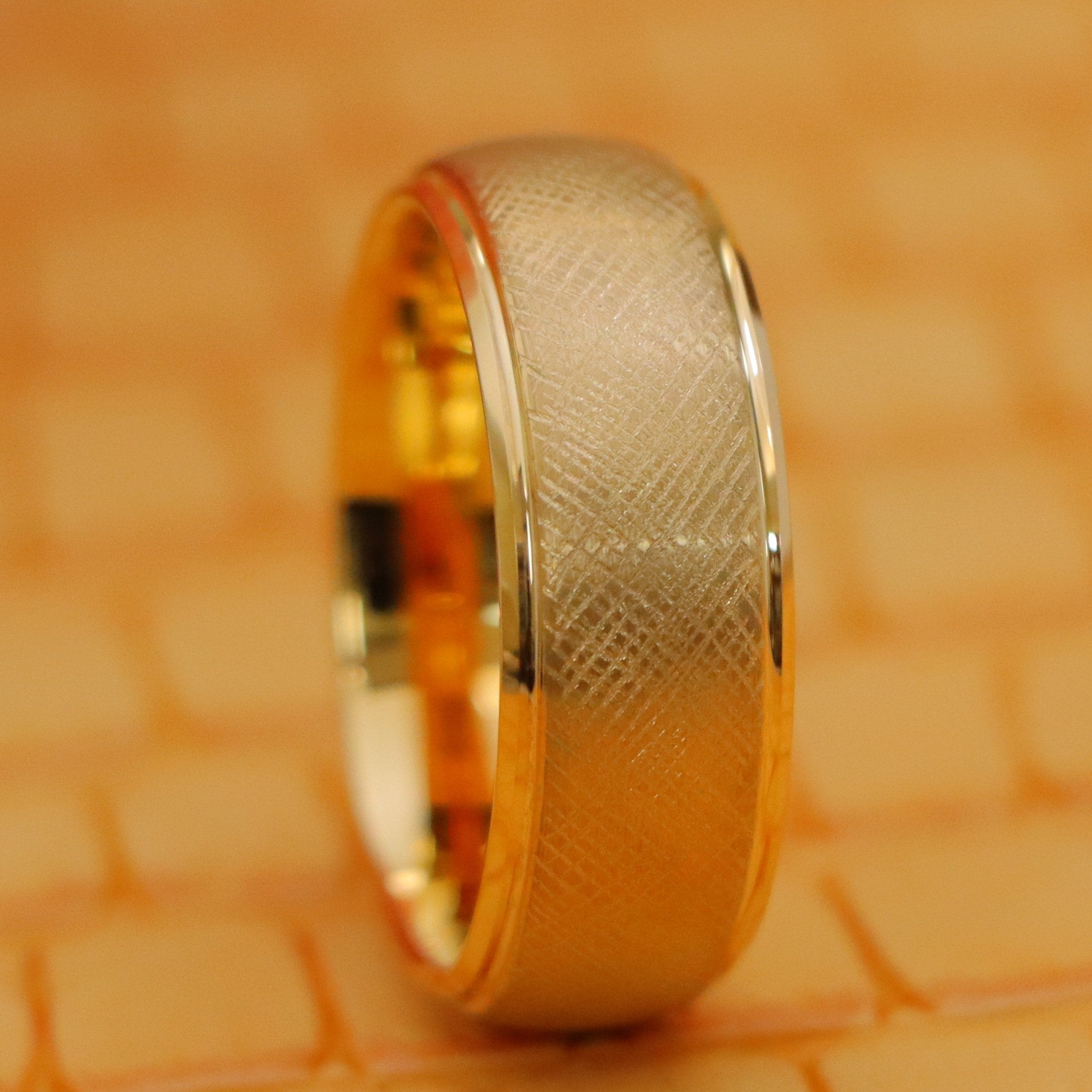 Yellow Gold IP Florentine Finish Domed Stepped Edge Tungsten Ring - Labhu USA