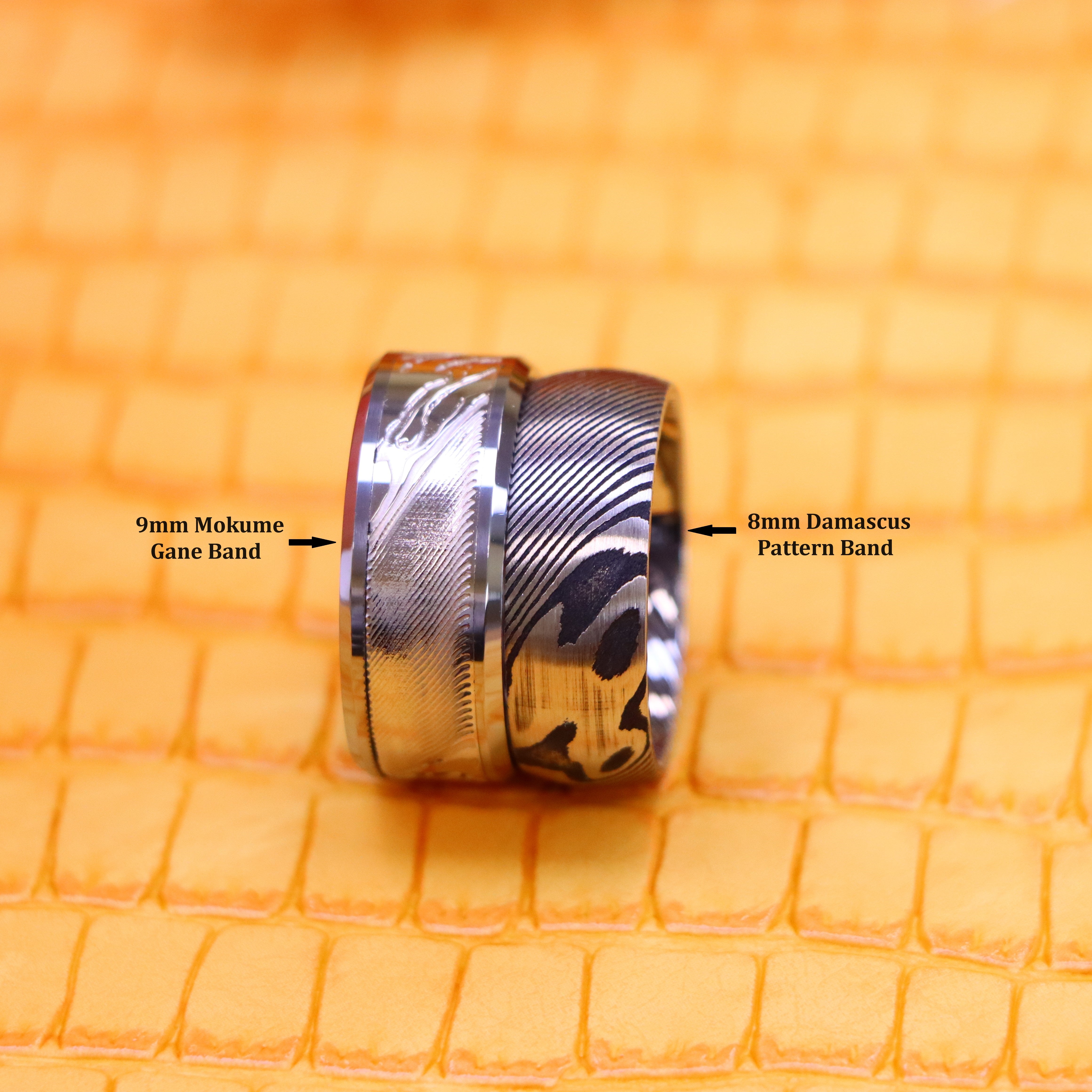 Laser Carved Mokume Gane Effect Low Beveled Edge/Damascus Black & Steel Tungsten Ring - Labhu USA