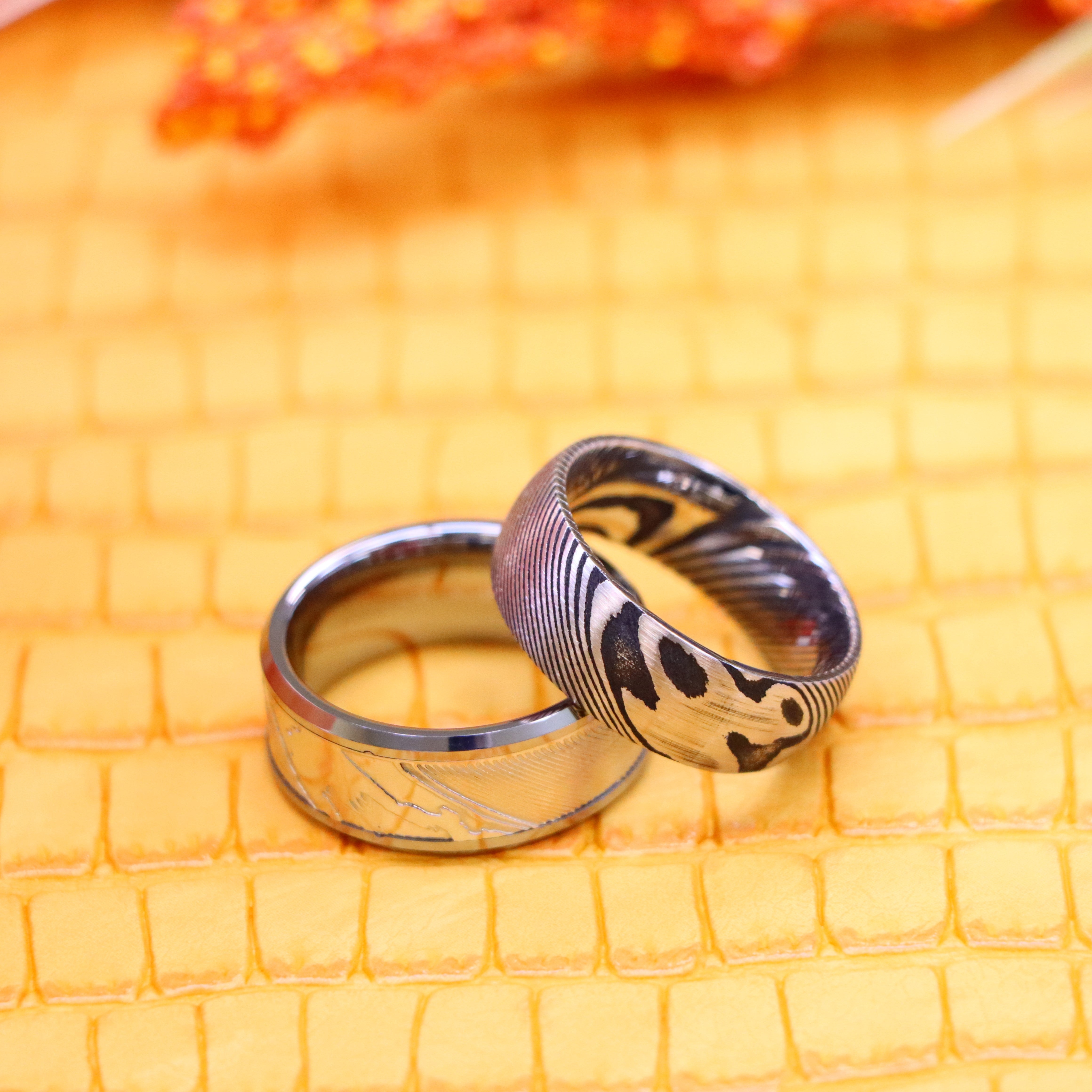 Laser Carved Mokume Gane Effect Low Beveled Edge/Damascus Black & Steel Tungsten Ring - Labhu USA