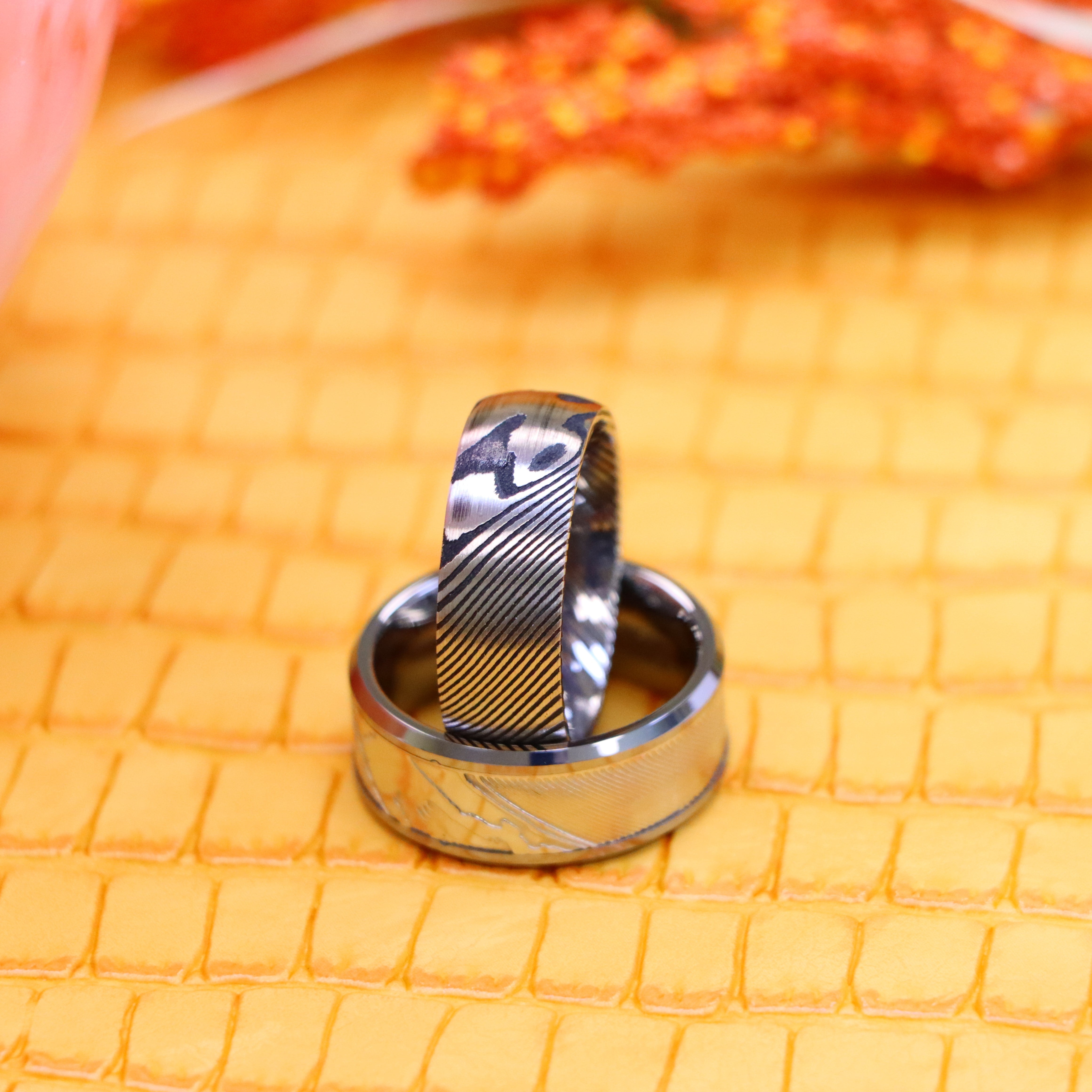 Laser Carved Mokume Gane Effect Low Beveled Edge/Damascus Black & Steel Tungsten Ring - Labhu USA