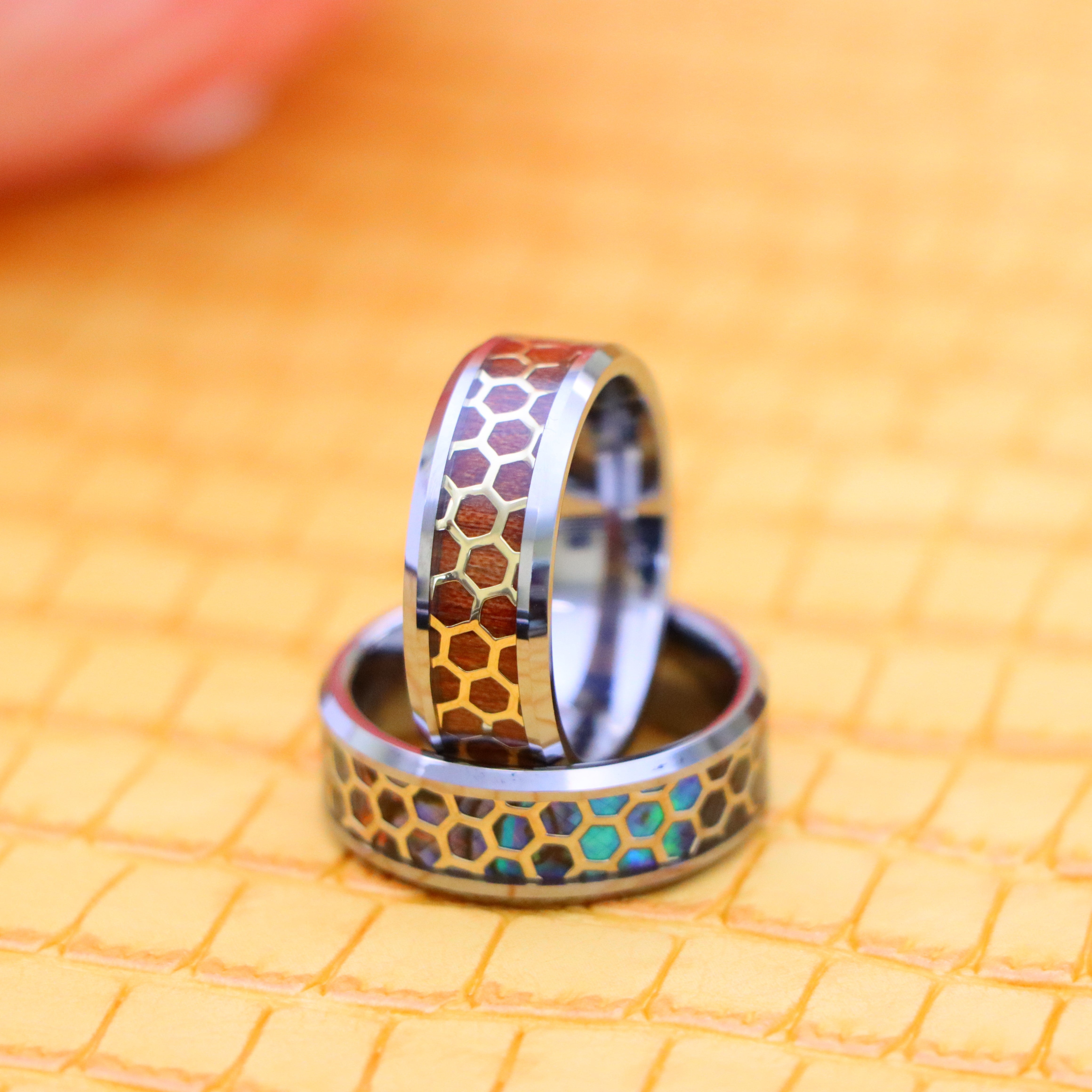 8mm Honeycomb Cut-out over Abalone/Rosewood Inlay Beveled Edge Tungsten Ring - Labhu USA