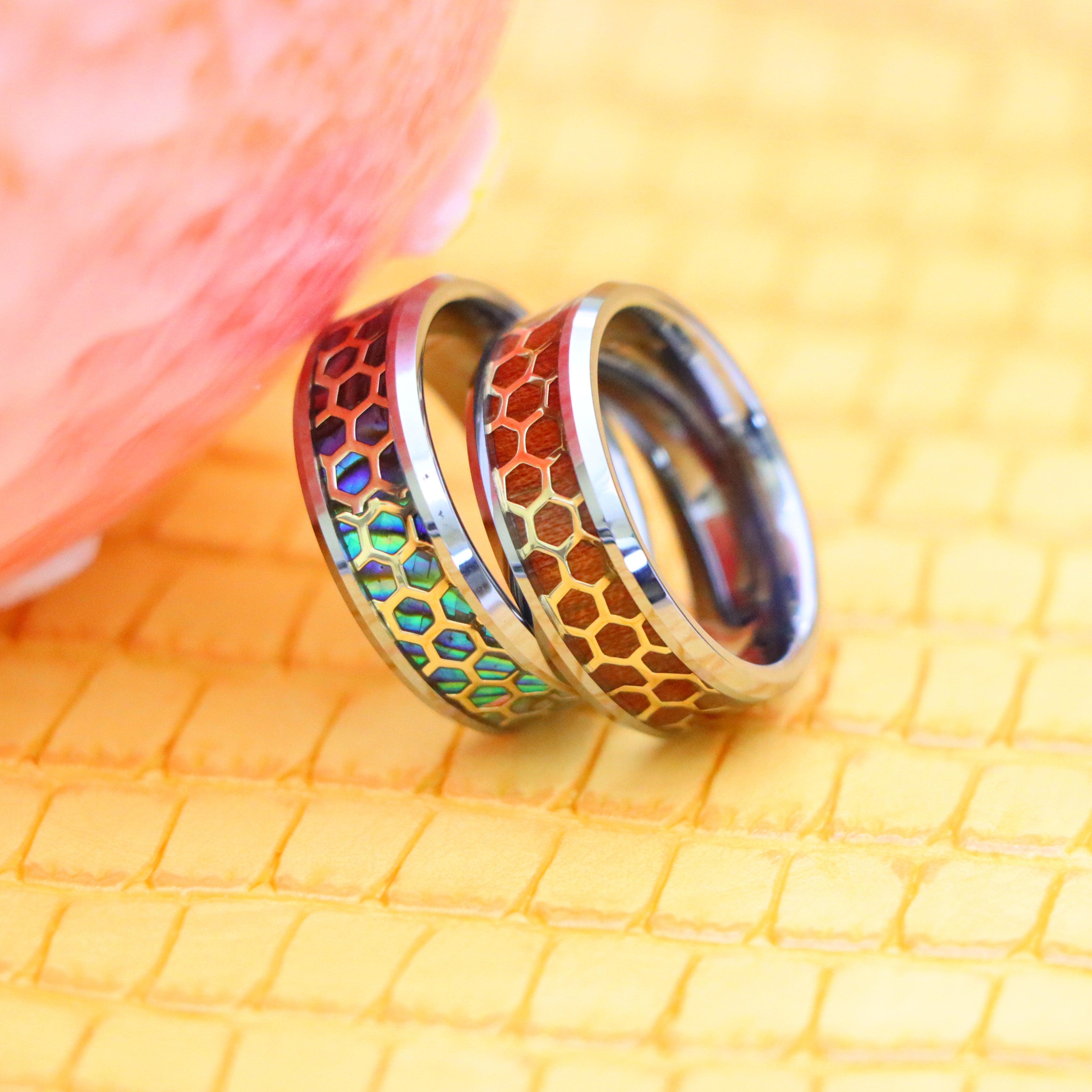 8mm Honeycomb Cut-out over Abalone/Rosewood Inlay Beveled Edge Tungsten Ring - Labhu USA