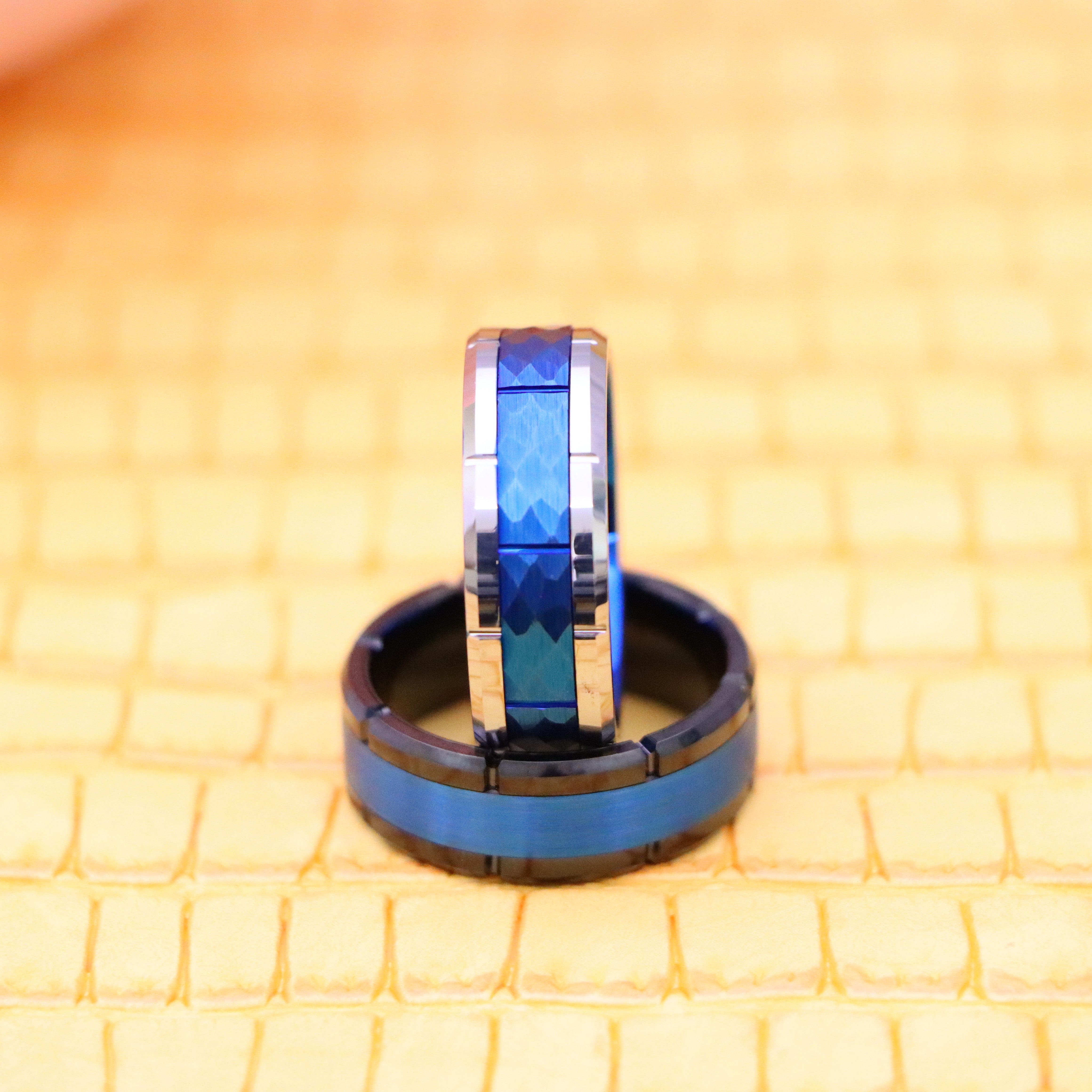 8mm Brushed Center & Shiny Edges Black & Blue IP Plated/High Polished Beveled Edge with Notches & Black IP Plated Hammered Tungsten Ring - Labhu USA